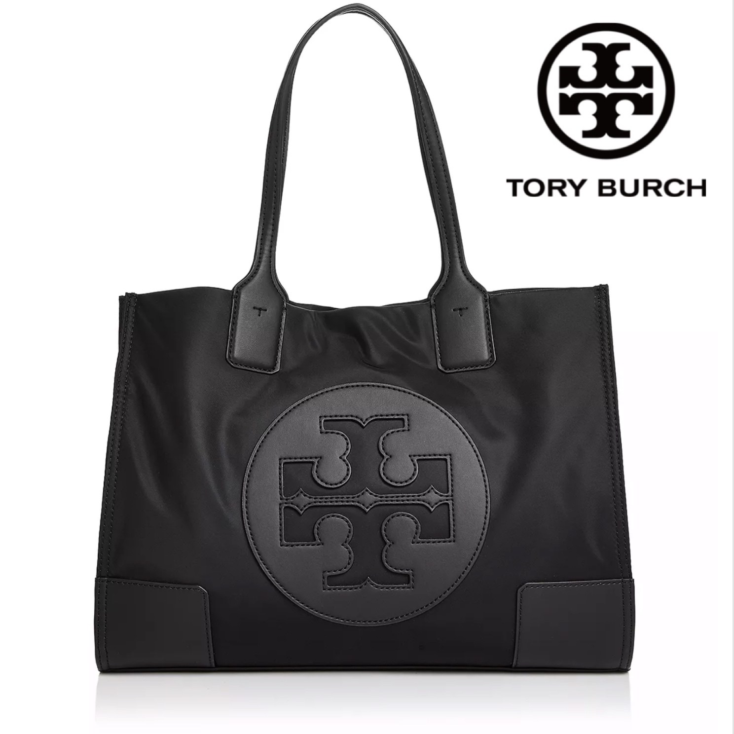 ของแท้ 💯% TORY BURCH ELLA TOTE BAG กระเป๋าทรง SHOPPING วัสดุ NYLON ทั้งใบตัดด้วยหนัง SAFFIANO ดำ แต่งโลโก้แบรนด์ด้านหน้า ด้านในเปิดปิดด้วยกระดุมแม่เหล็ก