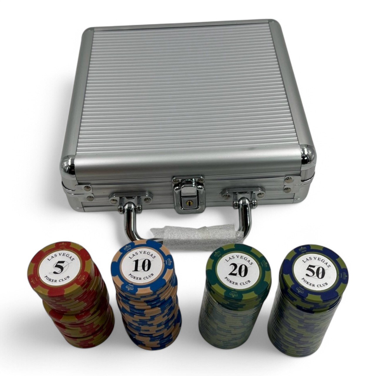 ชุดชิปโป๊กเกอร์เกรดพรีเมี่ยมLasvegas พร้อมกระเป๋าอลูมิเนียมสีขาวขนาดบรรจุ 100เหรียญ