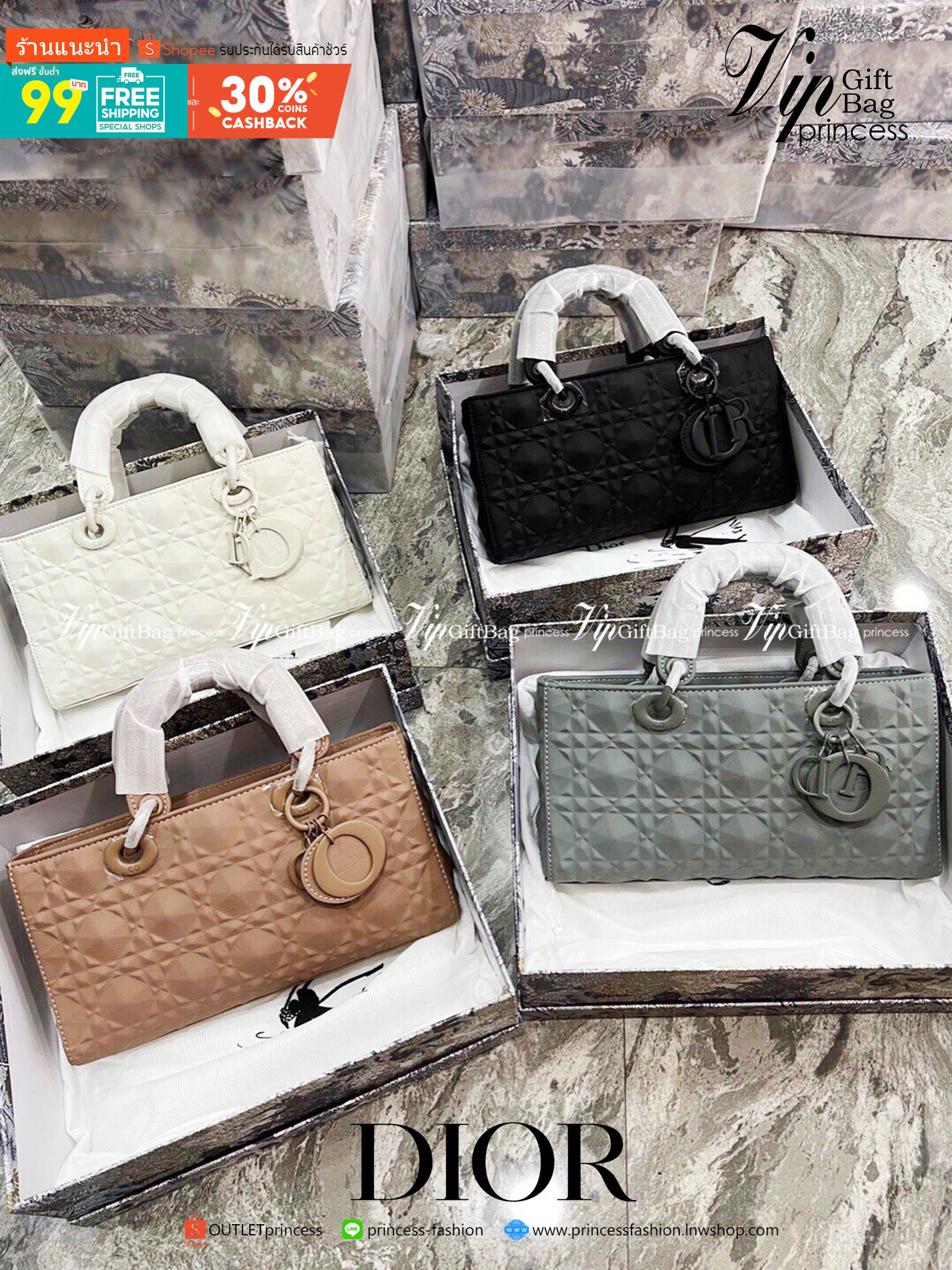 หนังแท้ DIOR LADY D-JOY BAG Cannage Calfskin with Diamond Motif กระเป๋าสะพาย ของความสง่างามเอกลักษณ์ Lady Dior รังสรรค์ขึ้นจากหนังลูกวัว Cannage ที่มีลวดลายเพชร เสน่ห์ที่ประดับประดาอย่างหรูหรา มีสายสะพายโซ่แบบถอดได้ ภาพสินค้าถ่ายจากงานขายจริง ใช้งานต่างปร