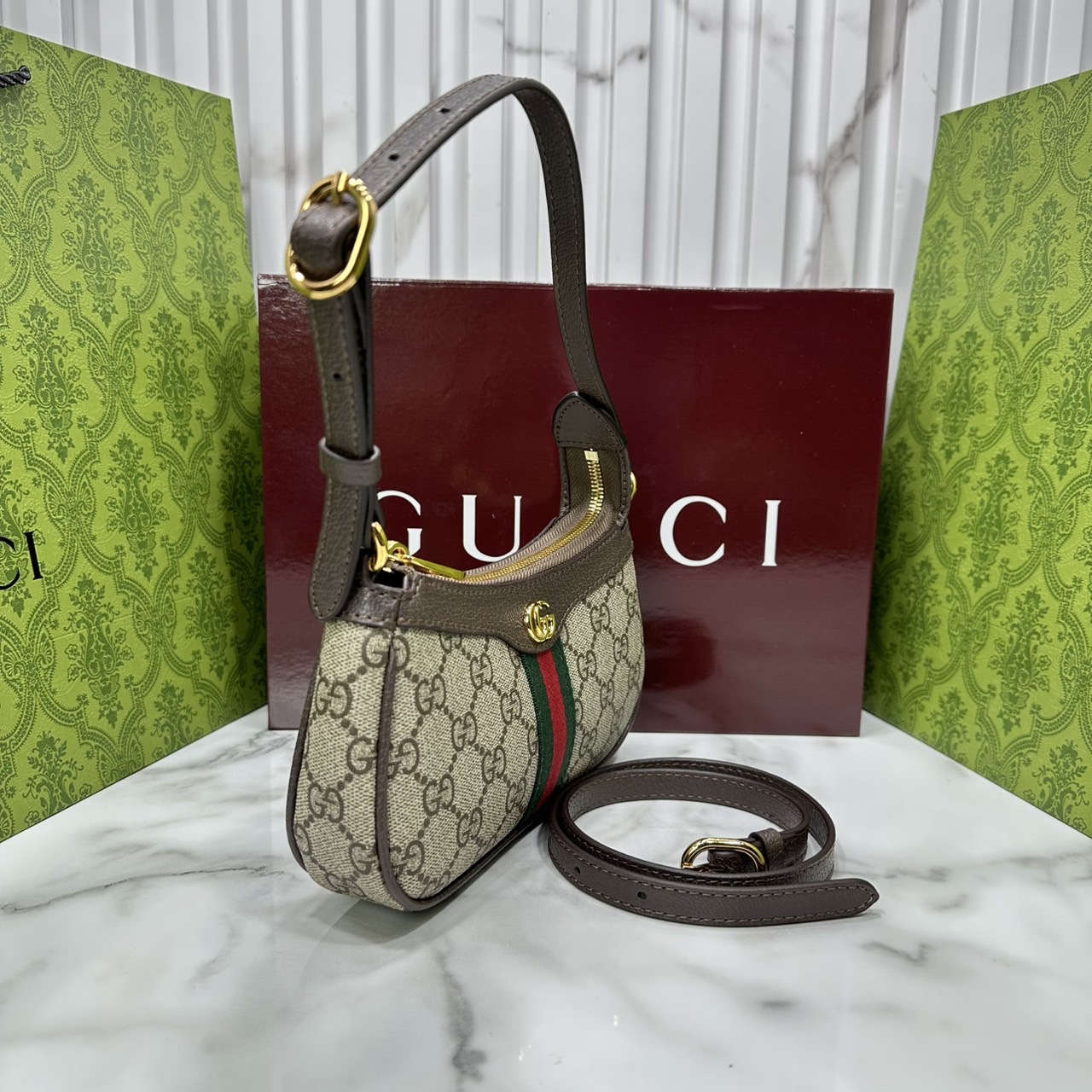 8" ORI หนังแท้ | Gucci Ophidia mini shoulder bag GG Monogram Double G / Gucci Hobo Bag กระเป๋าสะพายทรงโฮโบขนาดมินิ