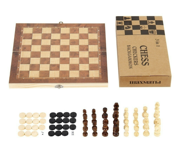 ชุดหมากรุกสากลไม้พับได้ 3 ใน 1 พร้อมหมากฮอสและแบ๊กเกมม่อน (Chess,Checker,Backgammon)