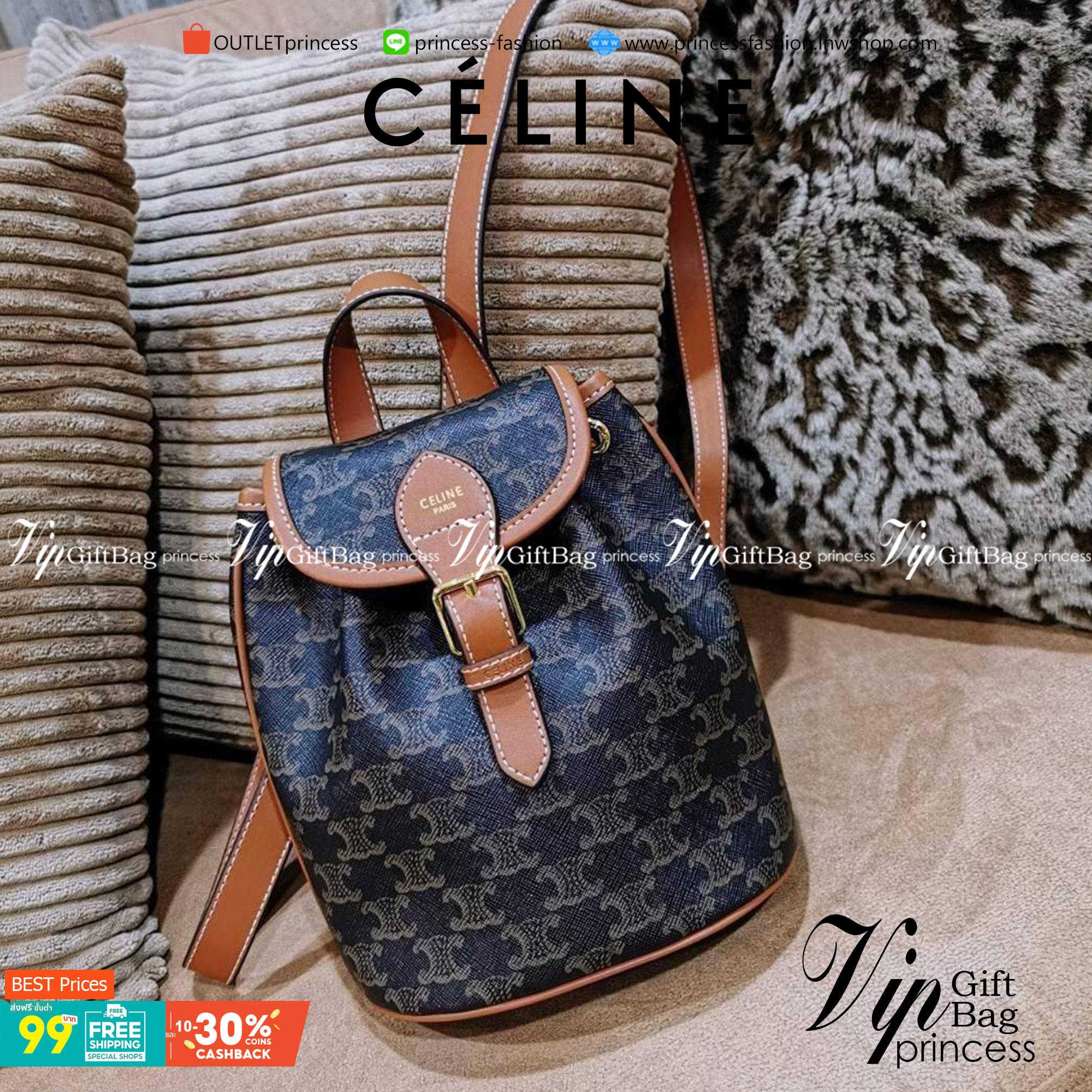 VIP 】CELINE MINI RUCKSACK VIP GIFT WITH PURCHASE (GWP) พรีเมี่ยมกิ๊ฟ Limited Edition จาก CELINE HAUTE PARFUME DUTYFREE COUNTER วัสดุ COATED CANVAS หนังสวยหรูอยู่ทรงกันน้ำเปิดปิดด้วยฝาปิด Belt มีโลโก้แบรนด์และสายรัด Drawstring ภายในโล่งสามารถใส่กระเป๋าสตาง