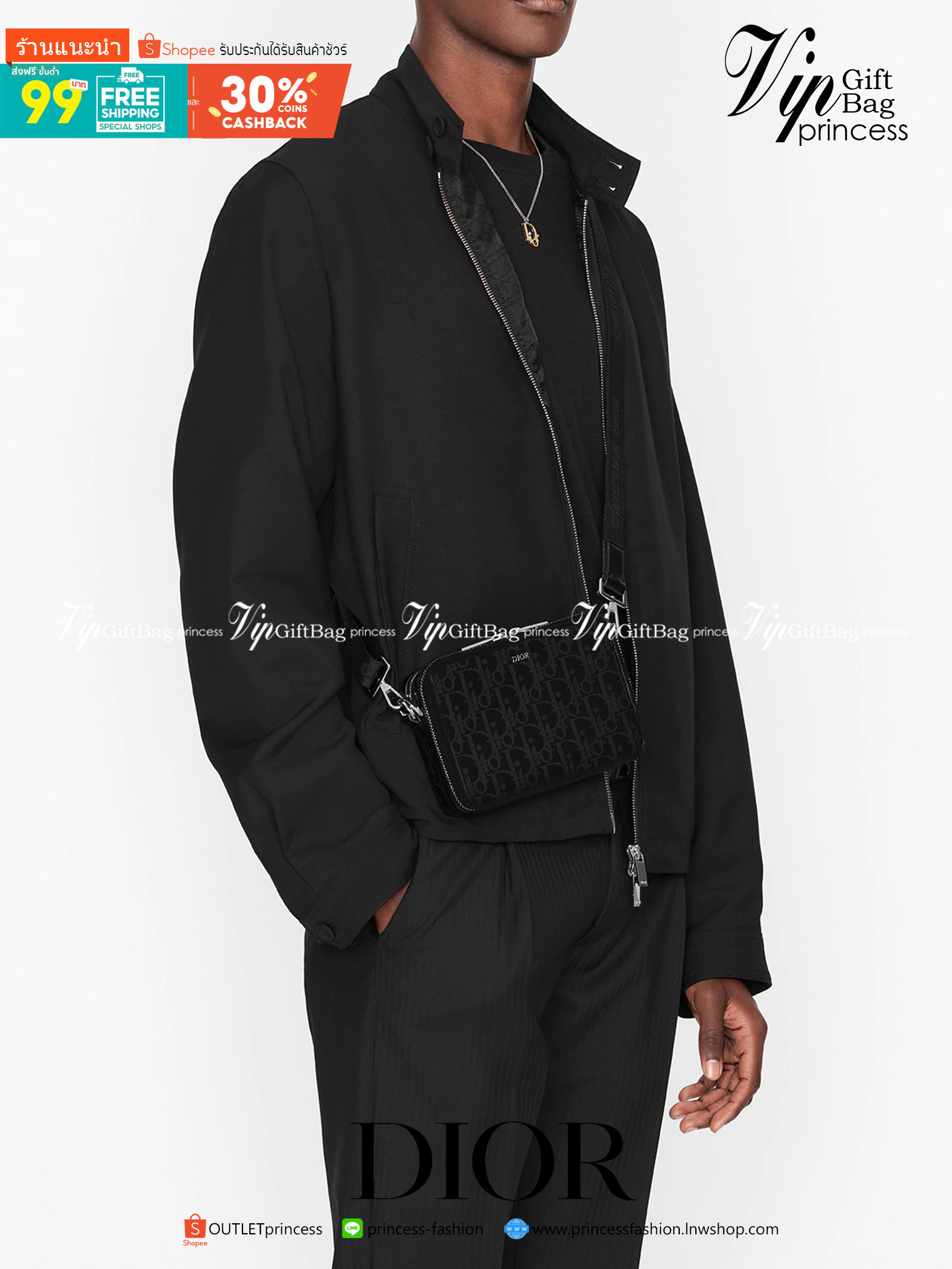 หนังแท้ CHRISTIAN DIOR BLACK GRAINED CALFSKIN POUCH WITH SHOULDER STRAP BAG พร้อมส่งที่ไทย เกรดออริจินอลหนังแท้ทั้งใบ ภาพสินค้าถ่ายจากงานขายจริง ใช้งานต่างประเทศได้