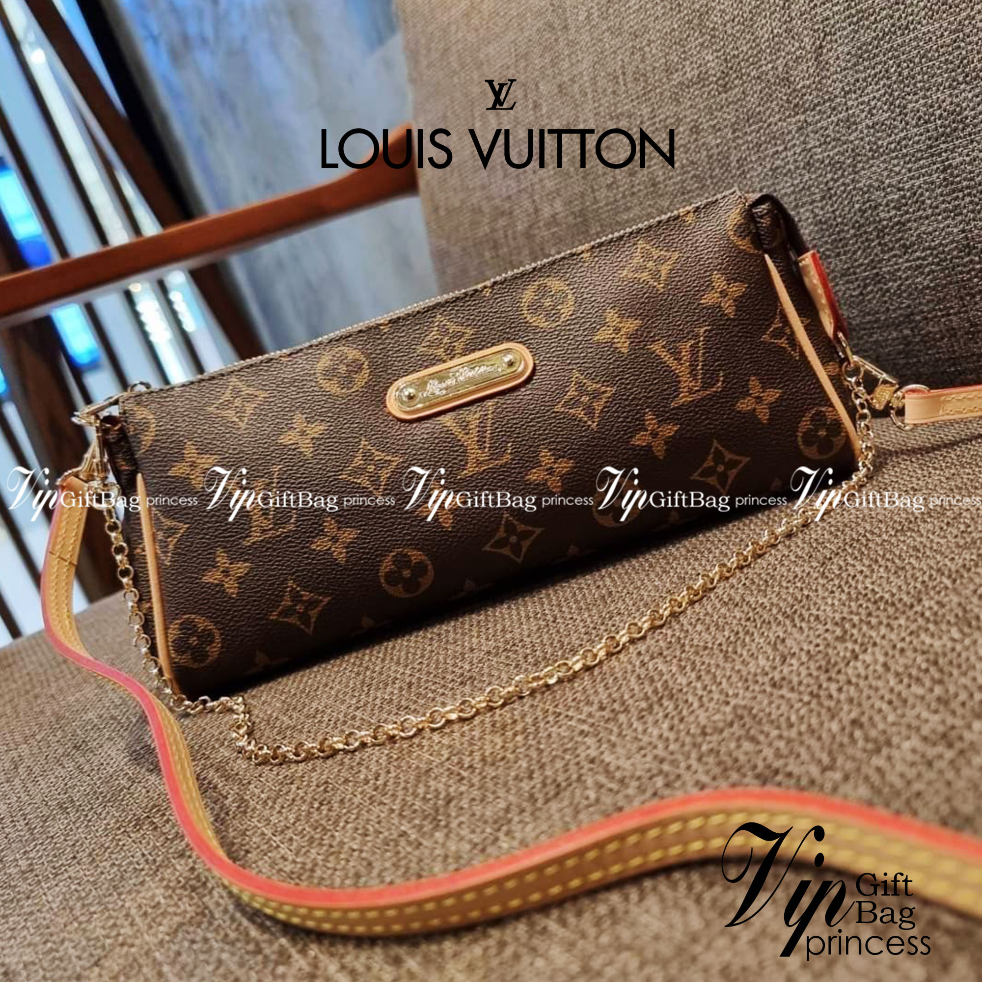 LV CROSSBODY CLUTCH BAG WITH CHAIN / LV Eva Clutch Crossbody Bag กระเป๋าสะพายวีไอพีพรีเมี่ยม วัสดุหนังแคนวาสคุณภาพ โลโก้เพลทอะไหล่ทอง คมชัด หรูหรา เปิด-ปิดกระเป๋าด้วยซิป ภายในเป็นช่องโล่ง ใส่ของใช้สำคัญได้สบายๆ มือถือ พาวเวอร์แบงค์ เครื่องสำอางค์ ของจุกจิ