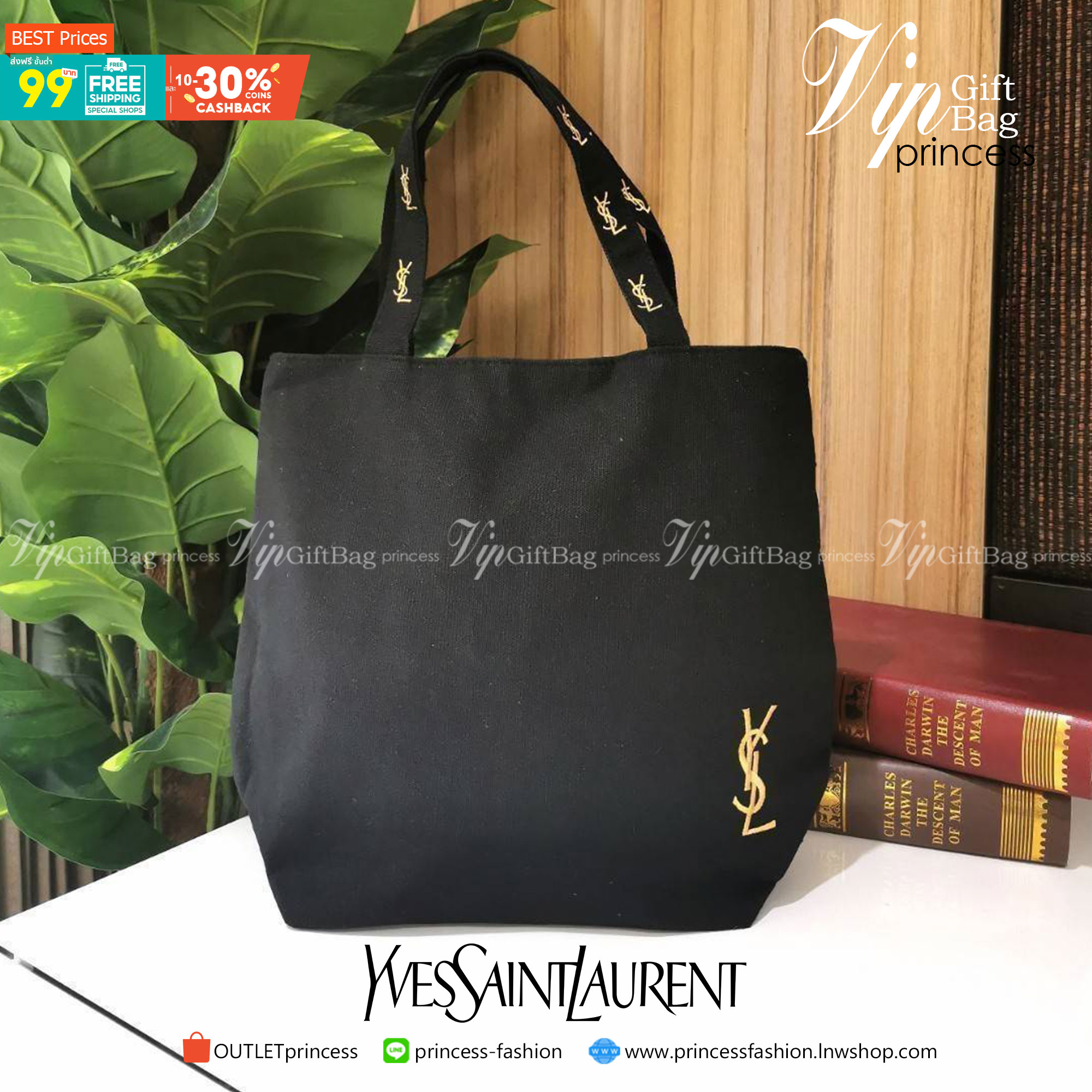 พรีเมี่ยมกิ๊ฟแท้ 100% 】Yves Saint Laurent YSL Cosmetics Canvas Tote Bag with Zipper Gift With Purchase (GWP) กระเป๋าสะพายพรีเมี่ยมกิ๊ฟรุ่นยอดนิยมจาก YSL Yves Saint Laurent Limited Collection E-Mook ดีไซน์คลาสสิคทรง Shopping Bag วัสดุ Canvas ปักโลโก้ YSL ด