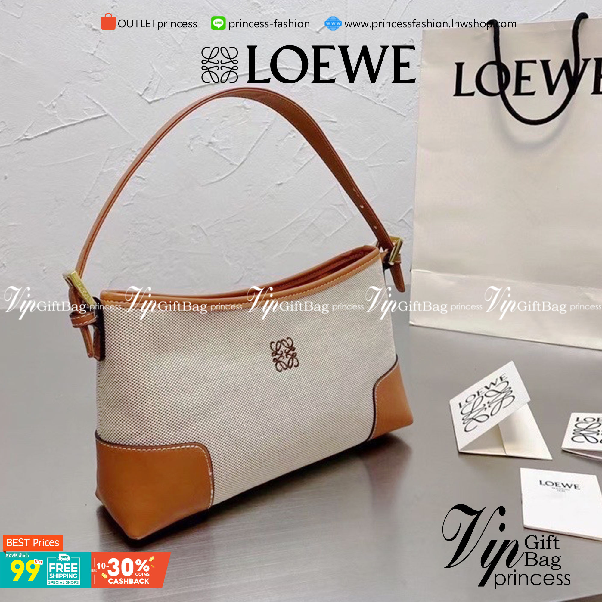 VIP 】LOEWE SHOULDER BAG VIP GIFT WITH PURCHASE (GWP) พรีเมี่ยมกิ๊ฟ Limited จาก LOEWE PERFUME DUTYFREE COUNTER รุ่นใหม่วัสดุ Canvas Fabric ผสมผสานหนังแท้ CalfSkin ดีไซน์และโทนสีลงตัวสุดคลาสสิค เปิดปิดด้วยซิปแบรนด์อะไหล่ทอง ภายในโล่งกว้างซับในผ้าฝ้ายลายก้าง