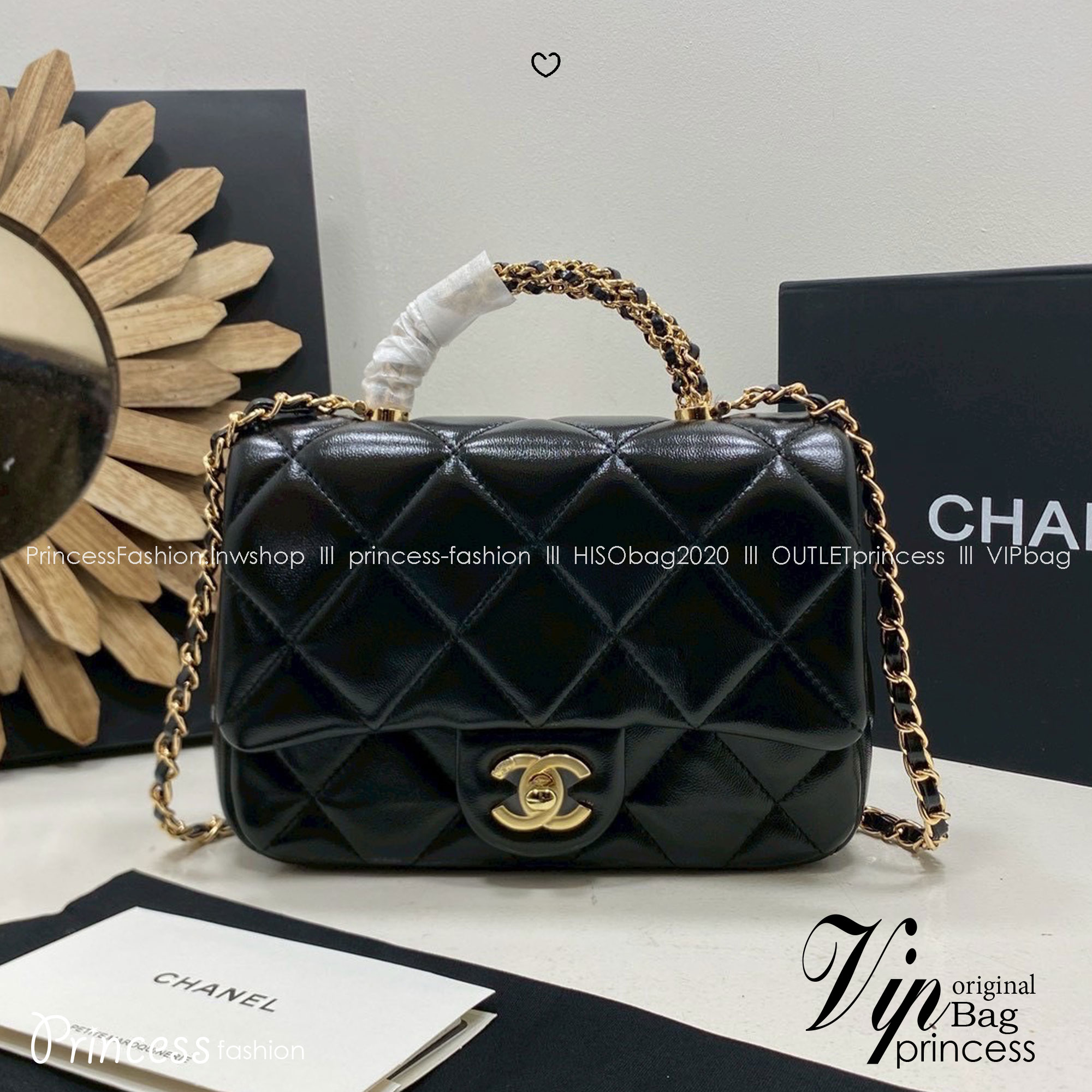 ORI หนังแท้ | Chanel Mini Flap Bag With Top Handle กระเป๋าสะพาย กระเป๋าถือพร้อมหูจับหรูหราร้อยโซ่สีทอง สายสะพายโซ่ ขนาดกะทัดรัดใช้งานง่าย