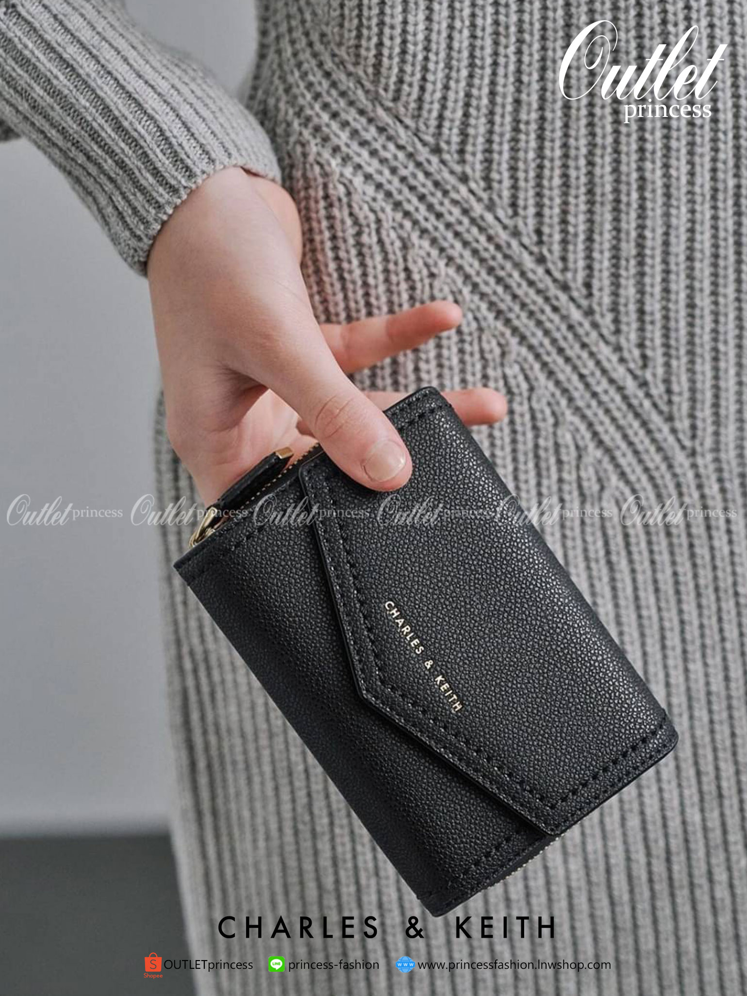 CHARLES & KEITH ENVELOPE SMALL WALLET กระเป๋าเงินใบกลาง วัสดุหนังพิมพ์ลายสีสวยน่ารัก ด้านหน้าปั๊มโลโก้แบรนด์ เปิดปิดด้วยกระดุมแม่เหล็ก