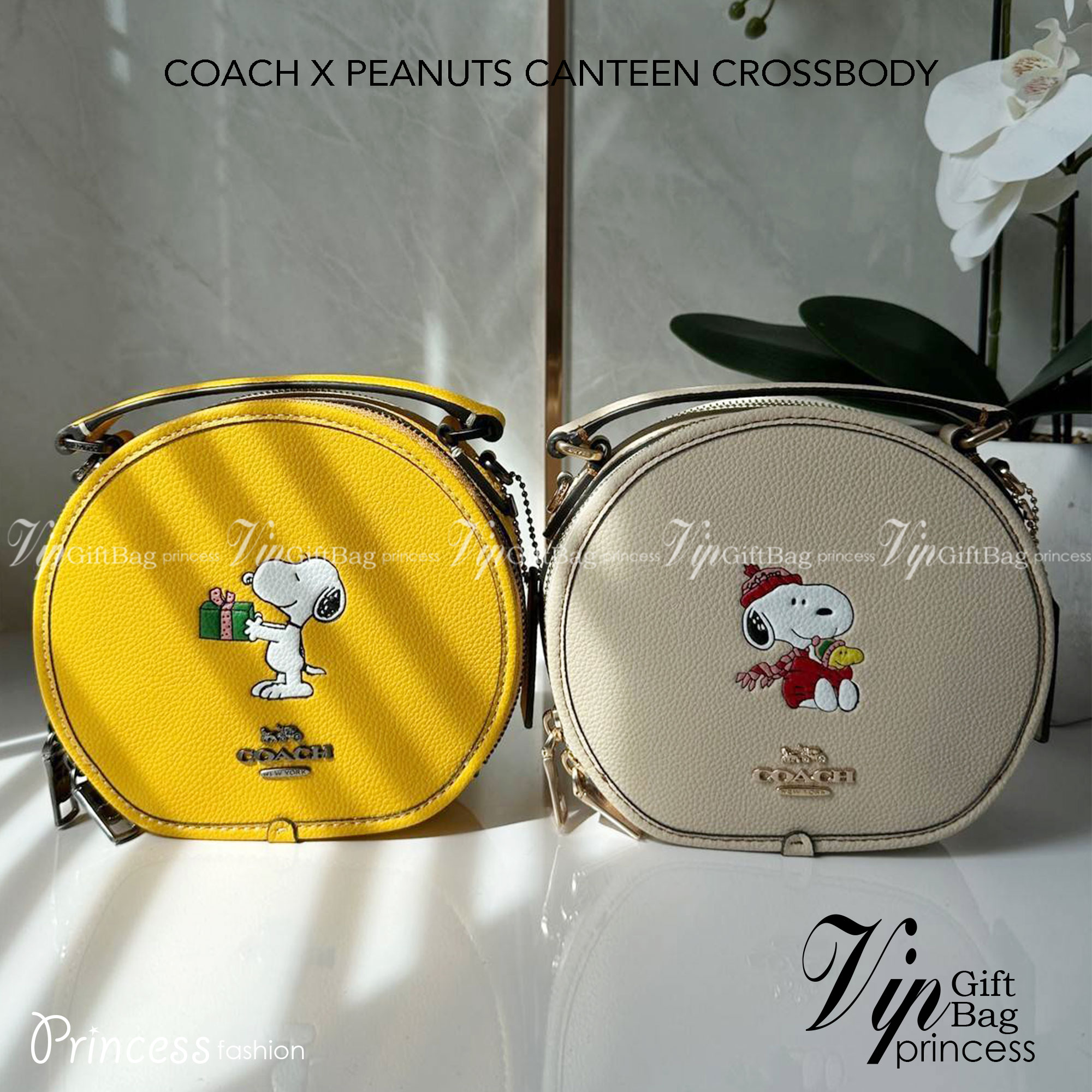 COACH X PEANUTS CANTEEN CROSSBODY WITH SNOOPY PRESENT MOTIF (CE845,CF290) กระเป๋าสะพายข้างทรงกลมไซส์มินิ มีหูจับ วัสหนังแท้ ด้านหน้าโดดเด่นด้วยรูปการ์ตูนSnoopy