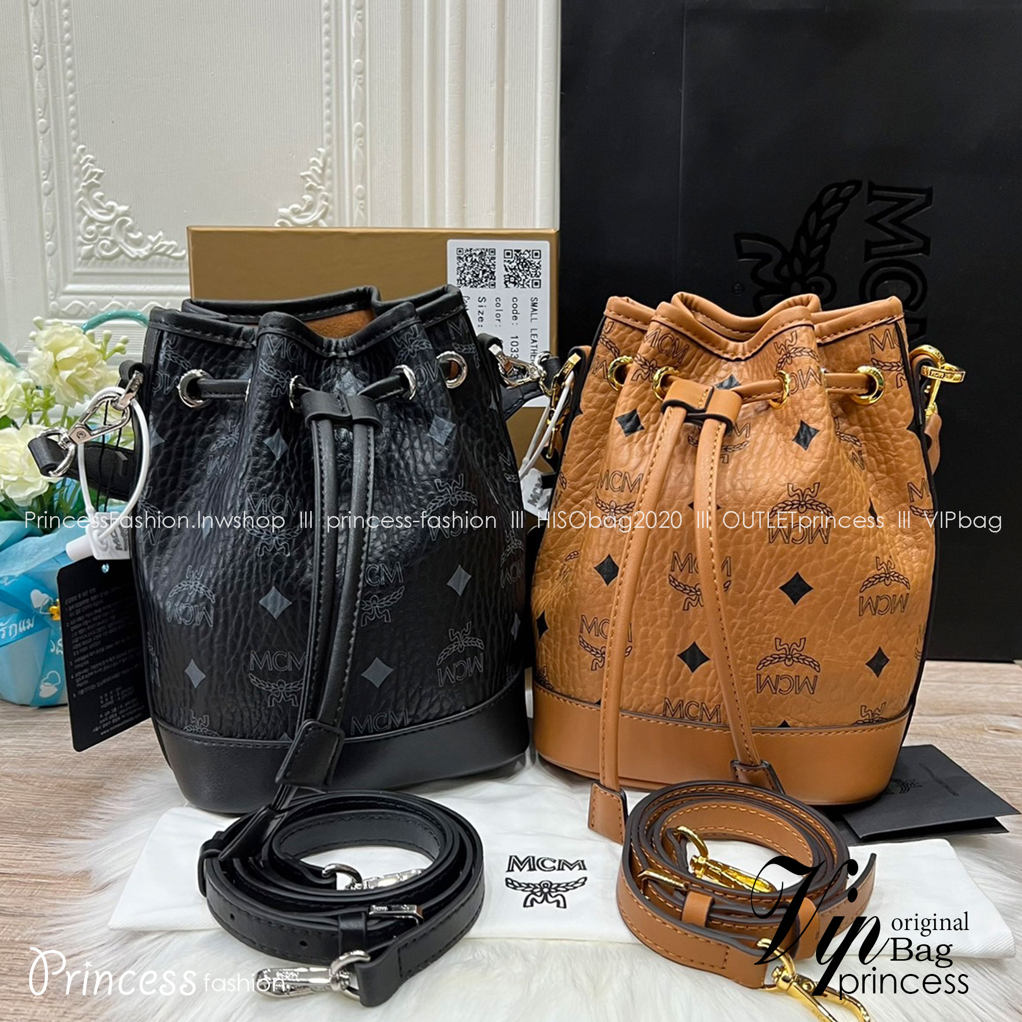 M.C.M MINI DESSAU DRAWSTRING BAG IN VISETOS กระเป๋าสะพายทรง bucket ไซส์ mini เกรดออริ สลับแท้ 1:1 ใช้งานต่างประเทศได้