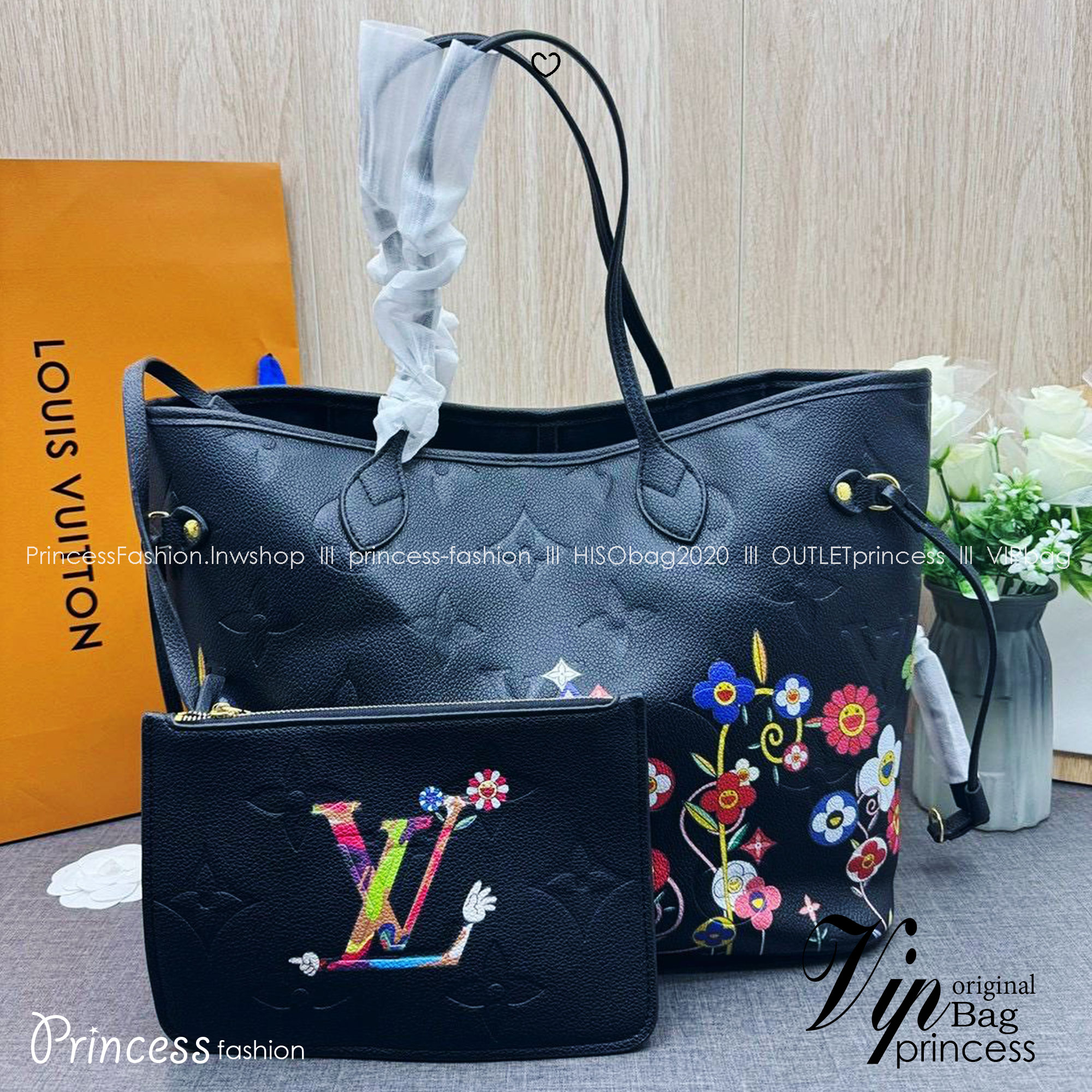 ORI หนังแท้ | LV x TM Neverfull MM Monogram Flower motifs colorful Black / LV Tote Bag กระเป๋าสะพายทรงโท้ทใบใหญ่ ลายดอกไม้หลากสีสดใส