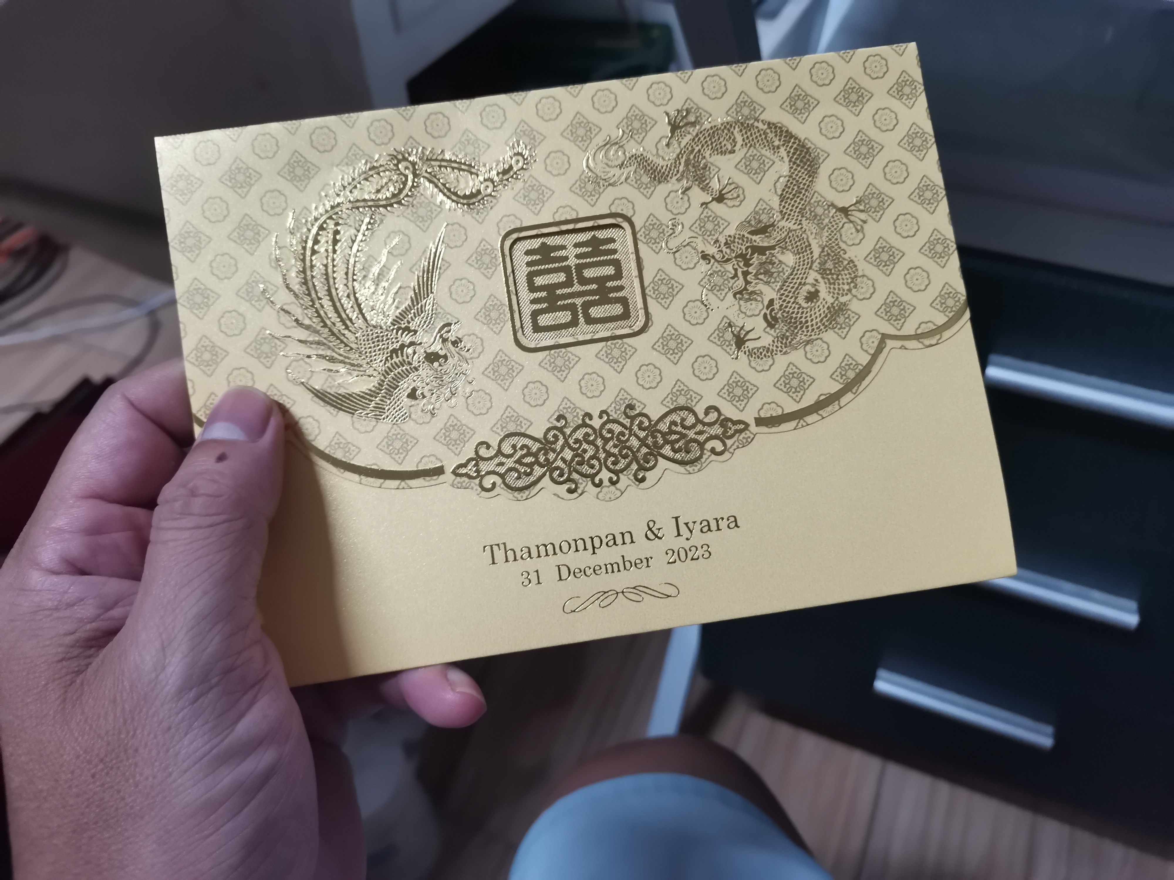 การ์ดแต่งงานจีน(การ์ดแดง-ข้อความทองเค) - 5x7 นิ้ว
