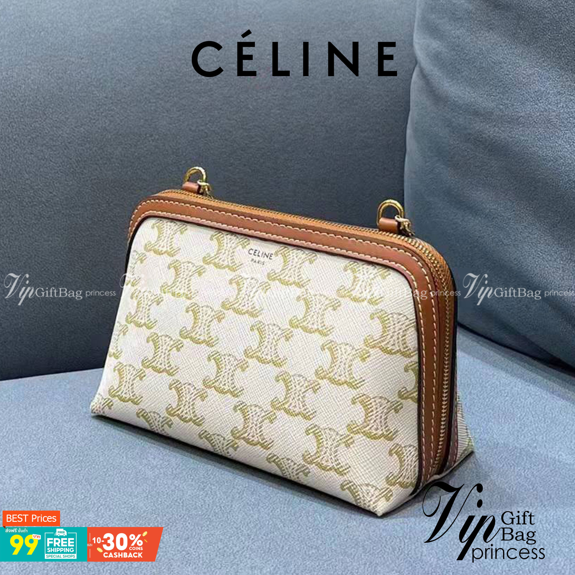 หนังแท้ CELINE CLUTCH WITH CHAIN IN TRIOMPHE CANVAS AND LAMBSKIN