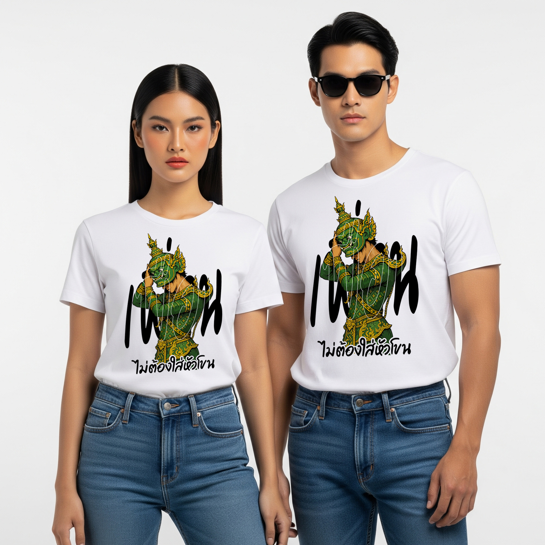 77DESIGN เสื้อยืดเพื่อน “ไม่ต้องใส่หัวโขน” | เสื้อคู่แนวปรัชญา มิตรภาพจริงใจ