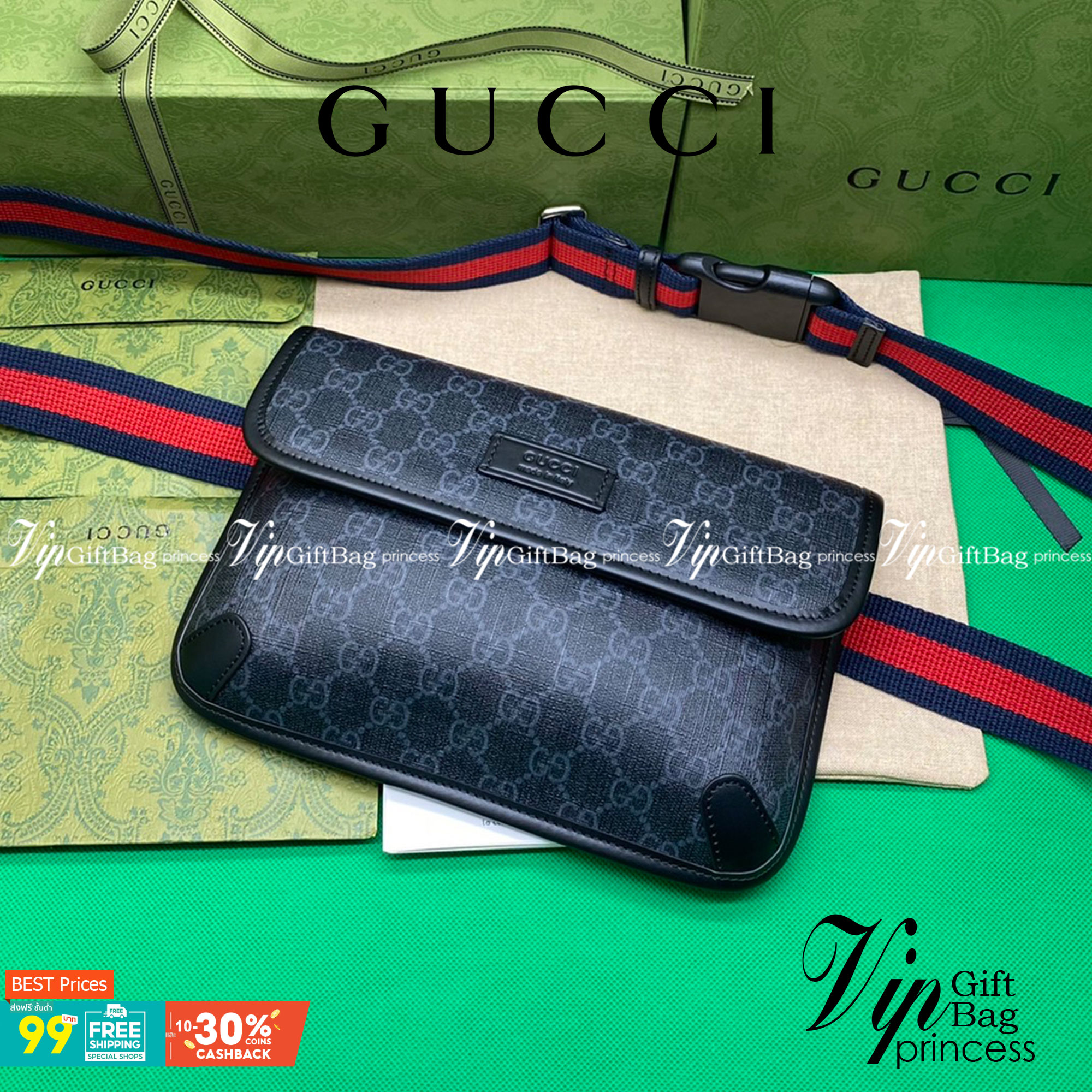 หนังแท้ GUCCI GG Black belt bag พร้อมส่งที่ไทย