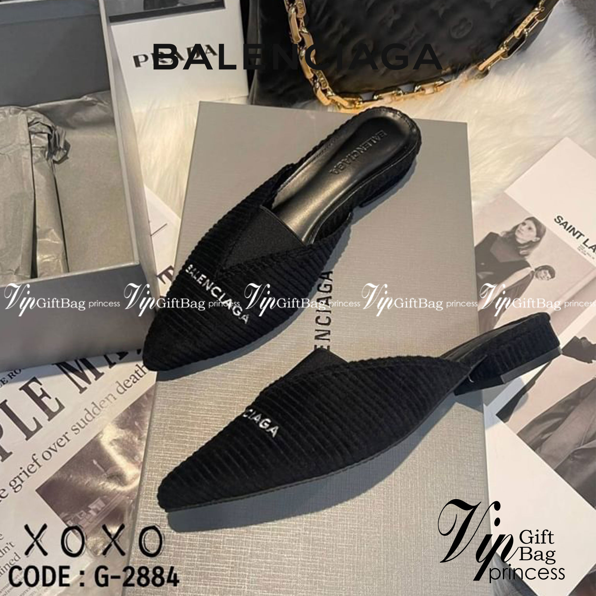 Balenciaga Shoes / BLCG Shoes รองเท้างานสวม วัสดุผ้าลูกฟูก นุ่มมาก ด้านหน้า แต่งยางยืด ปักโลโก้แบรนด์ มีส้นเล็กน้อยทรงเหลี่ยมใส่สบาย ใช้งานไม่เมื่อยน้ำหนะกเบา