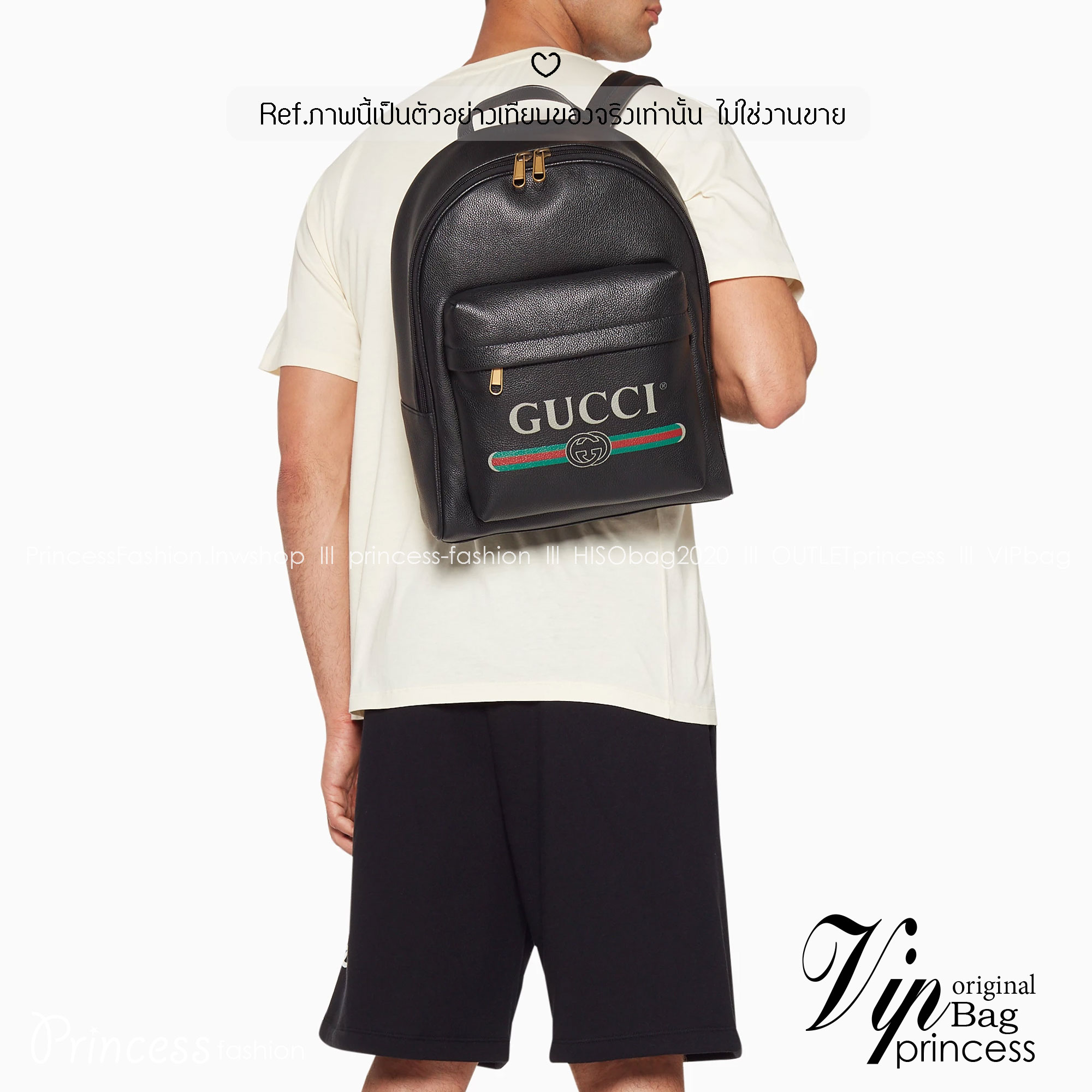 Gucci print leather backpack กระเป๋าเป้สะพายหลัง ปริ๊นลายโลโก้สวยโดดเด่น สีดำคลาสสิก ดีไซน์เอกลักษณ์ รุ่นขายดี ใช้ได้ทั้งหนุ่มๆและสาวๆ