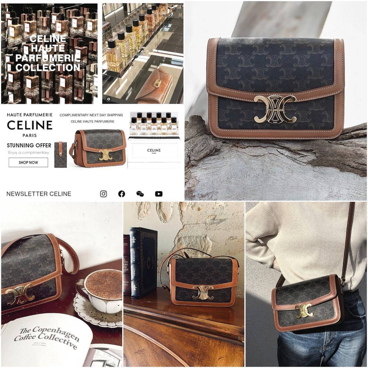 CELINE TRIOMPHE CROSSBODY BAG VIP GIFT WITH PURCHASE-GWP พรีเมี่ยมกิ๊ฟ Limited จาก CELINE PERFUME DUTY FREE COUNTER วัสดุ TRIOMPHE CANVAS & LEATHER ทรงเหลี่ยมหนังสวยหรูอยู่ทรงเปิดปิดด้วยฝาปิดโลโก้แบรนด์อะไหล่ทอง ภายในมีช่องหลักและช่องแบ่งย่อย มี1ช่องซิปเล