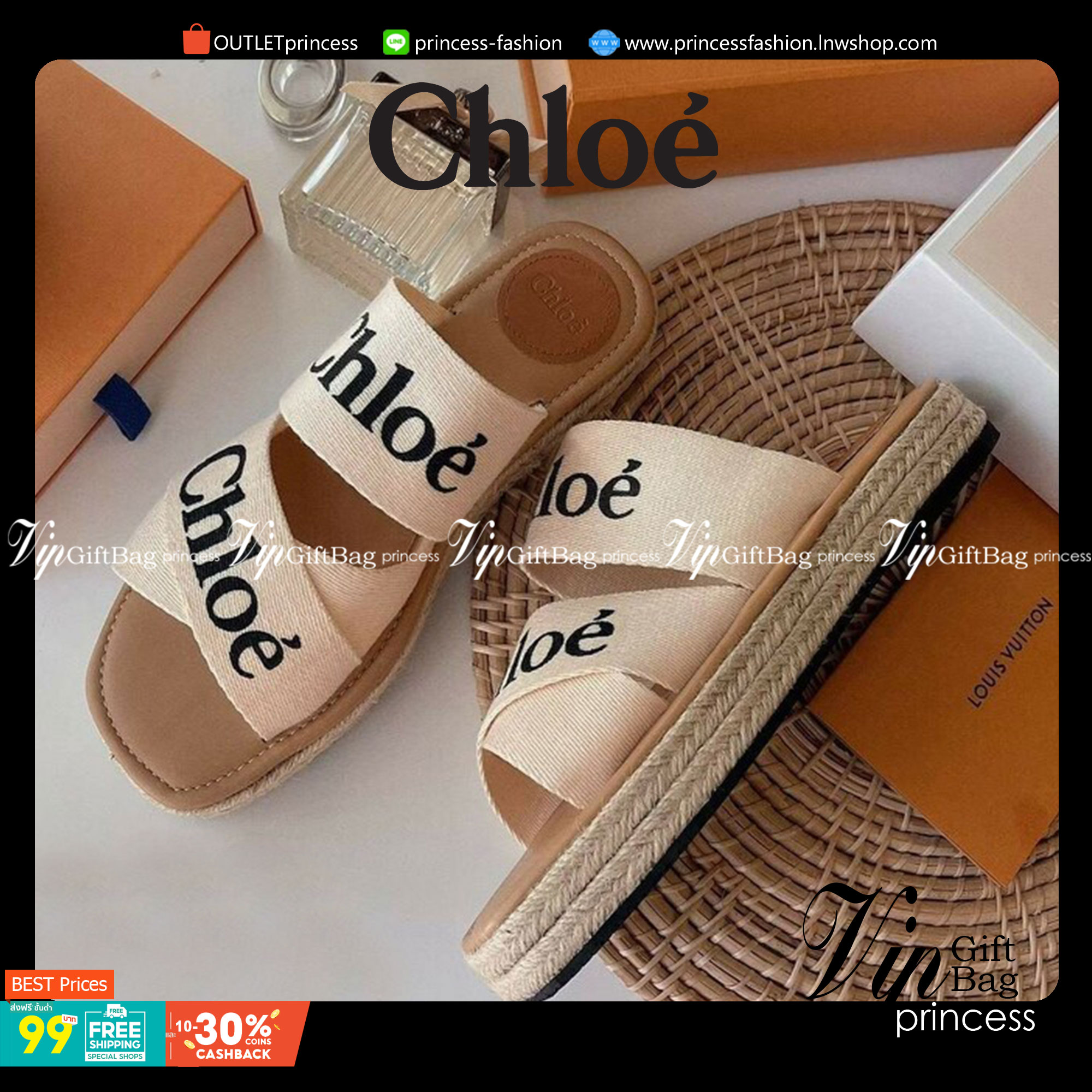 CHLOÉ LOGO SLIDE SANDEL ช่วงนี้ แบรนด์นี้เค้าอินมากคะ แอดบอกไว้เลยไม่มีไม่ได้แล้ว งานสวม ใส่สบาย วัสดุผ้าแคนวาส ตีแบรนด์ไค้วครอสเอ็กซ์ ส้นเสมอ มีส้นเล็กน้อย กำลังใส่สบายไม่เขย่ง น้ำหนักเบา