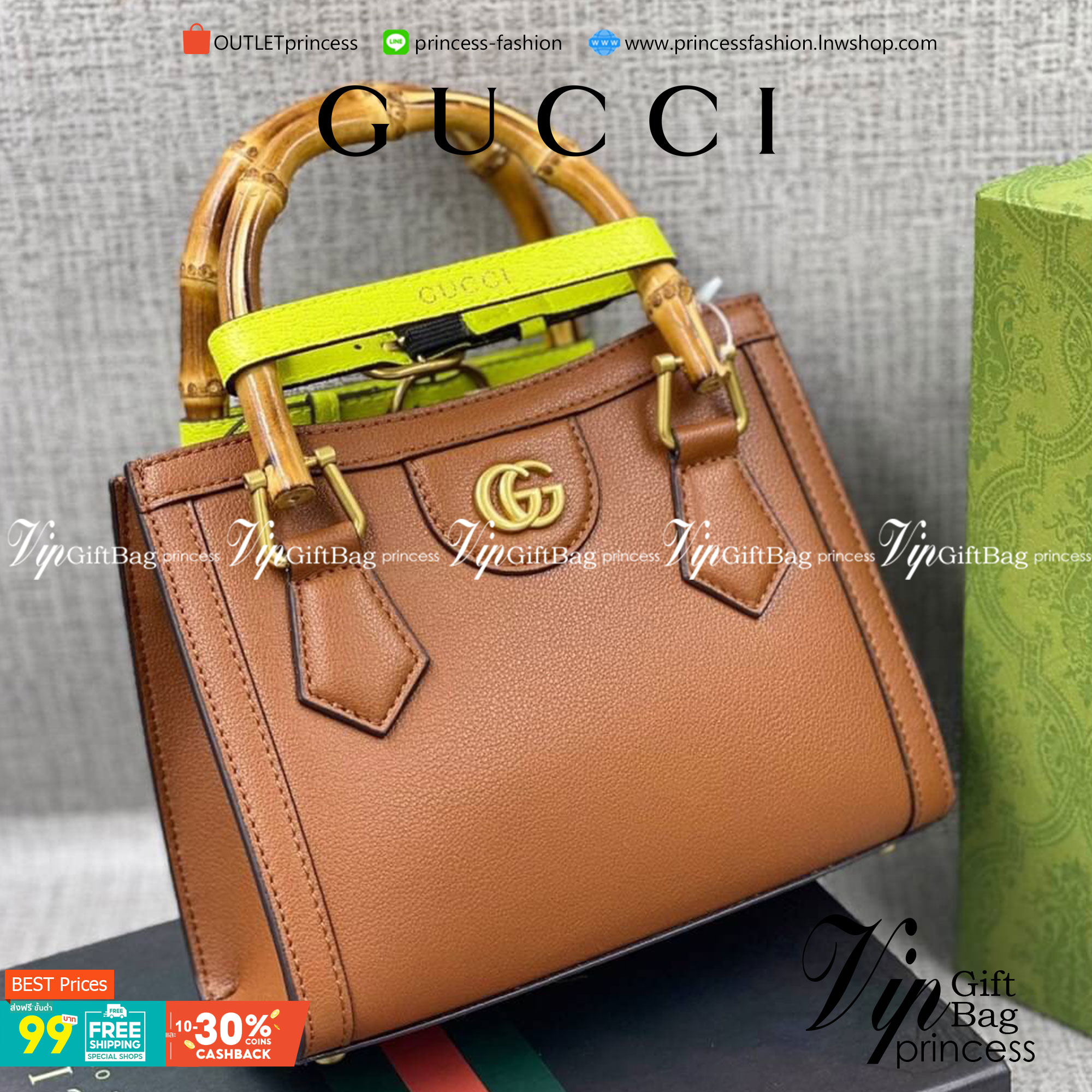 VIP GIFT 】หนังแท้ GUCCI Diana mini tote bag กระเป๋างานหูไม้ไผ่สุดคลาสสิก ดีไซน์มาใหม่พร้อมเข็ดขัดหนังสีสะท้อนแสงประดับตรงหูกระเป๋า ขนาดมินิกำลังน่ารักเลยค่ะ วัสดุหนังแท้ อะไหล่ทอง งานสวยตั้งอยู่ทรง มีสายสะพายยาว 1เส้น สามารถปรับระดับได้-ถอดได้ งานเก๋ไก๋ที