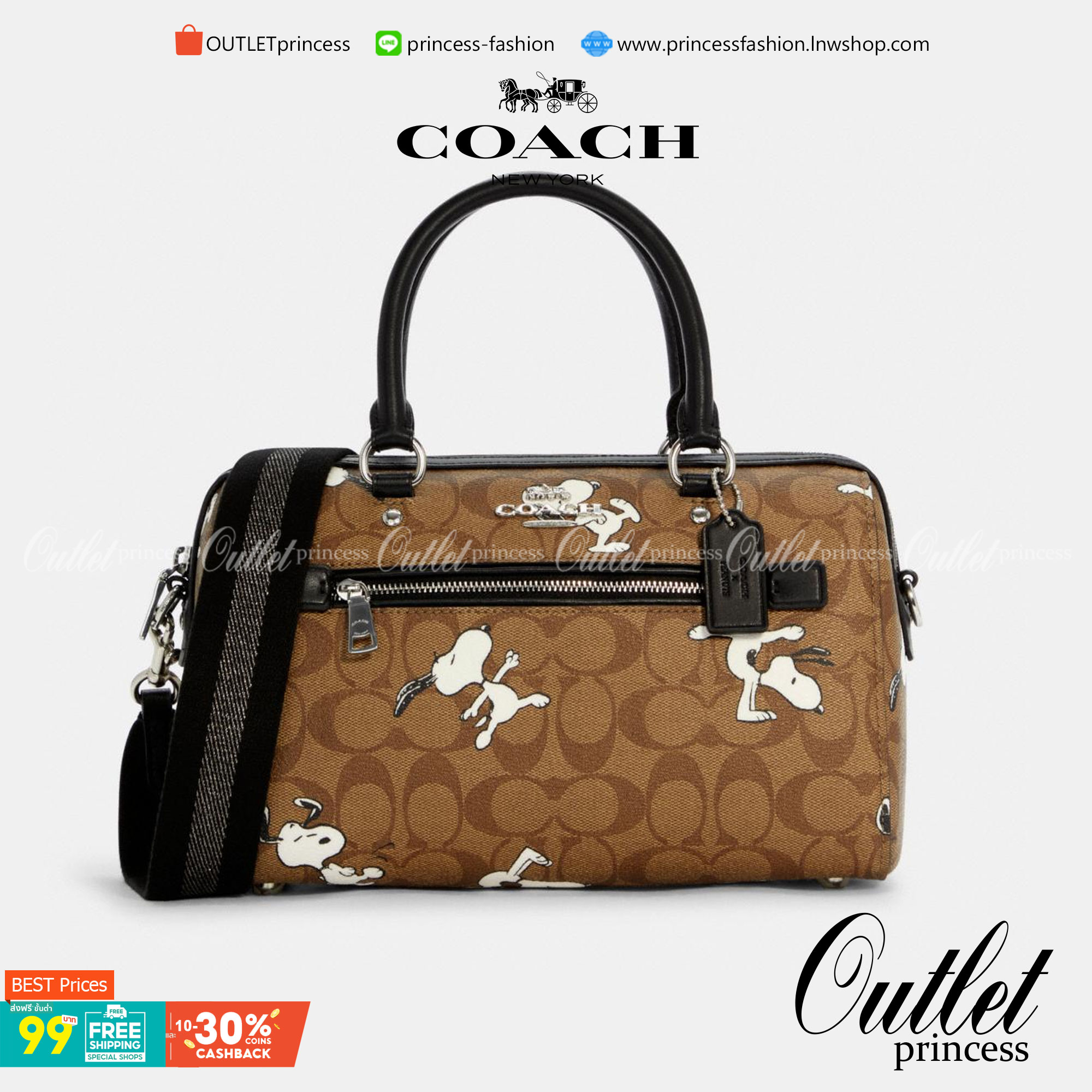 COACH FACTORY BOSTON BAG IN SIGNATURE X SNOOPY COLLECTION กระเป๋าถือหรือสะพายคอลเลคชั่นพิเศษจาก Coach Factory วัสดุ Signature refined calf leather หนังแท้ลายคอลเลคชั่น Snoopy เทคเจอร์สวยอยู่ทรง ดีไซน์ยอดนิยม ด้านหน้ามีโลโก้และช่องซิปแบรนด์ ช่องหลักเปิดปิด