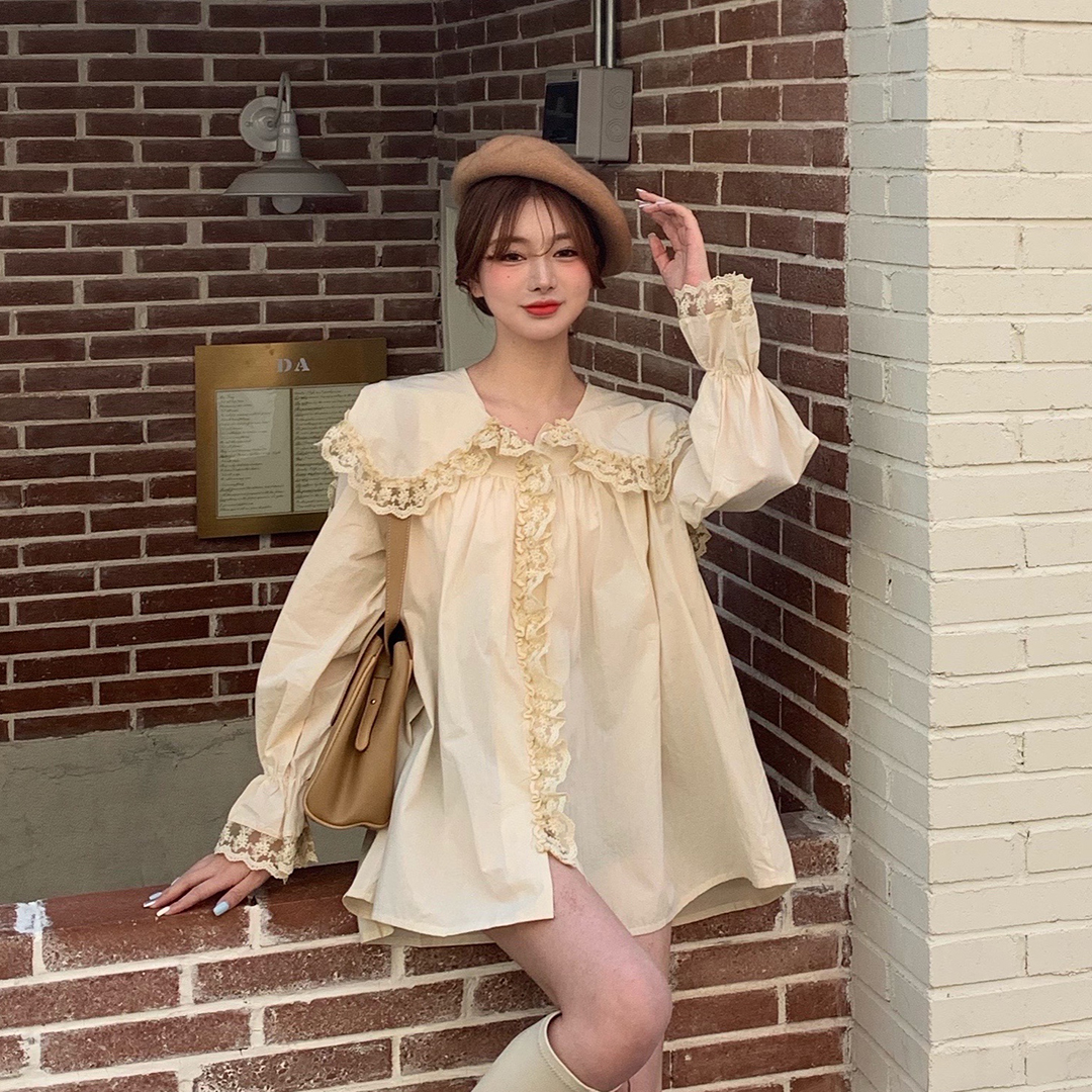 พร้อมส่ง 🍋 Rabai tops เสื้อแขนยาวแต่งระบายสีครีมน่ารัก (IN35658)