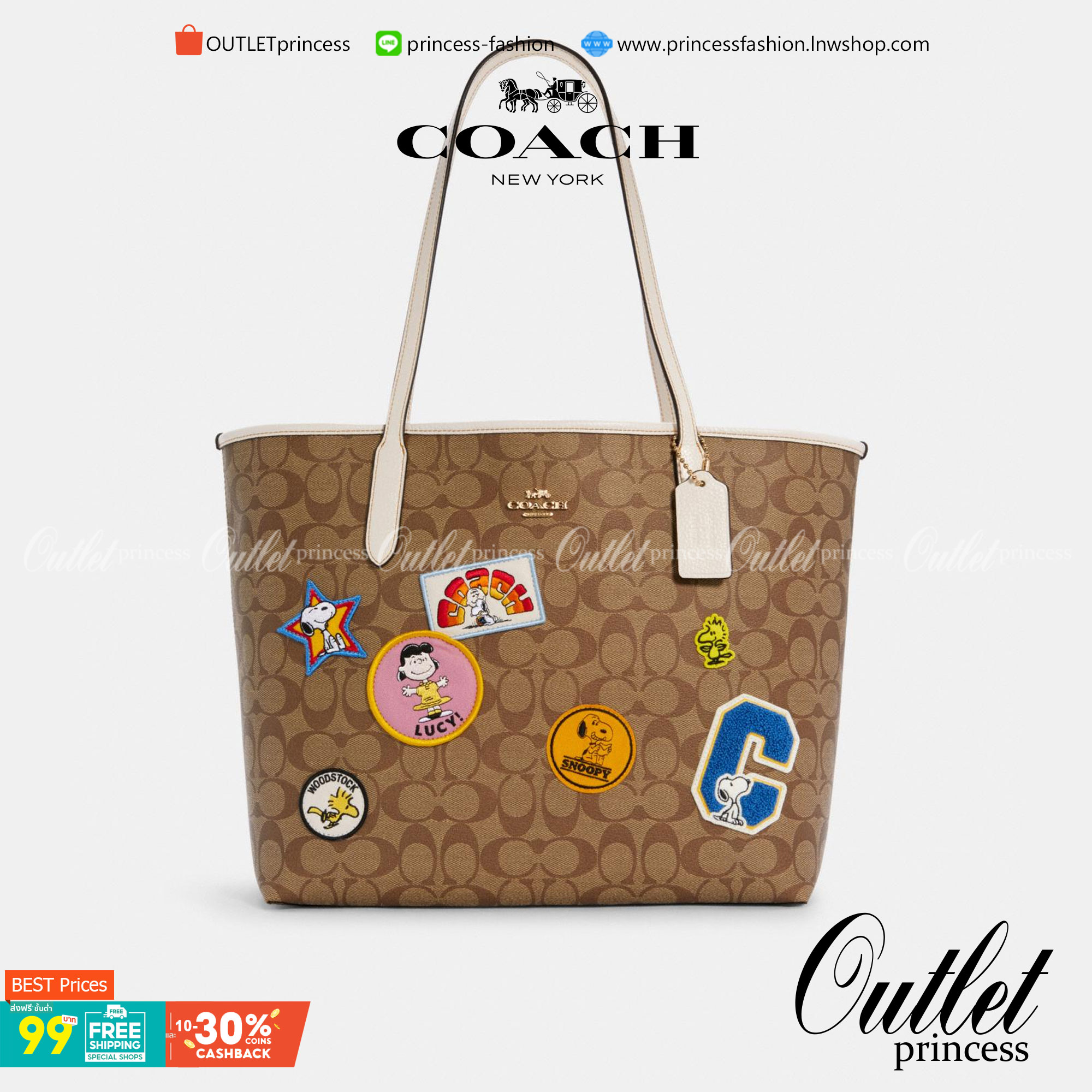 COACH C4292 COACHxPEANUTS CITY TOTE IN SIGNATURE CANVAS WITH VARSITY PATCHES กระเป๋าทรงโท้ทใบใหญ่ กับคอลเลคชั่นคอลแลบใหม่ล่าสุด น่ารักด้วยเหล่าผองเพื่อนสนู้ปพี สวยโดดเด่นมากๆ ใบนี้ใส่ของได้ของครบครัน จุได้แบบไม่ต้องกลัวเต็ม!! วัสดุหนังแคนวาสคุณภาพดี ปากกร