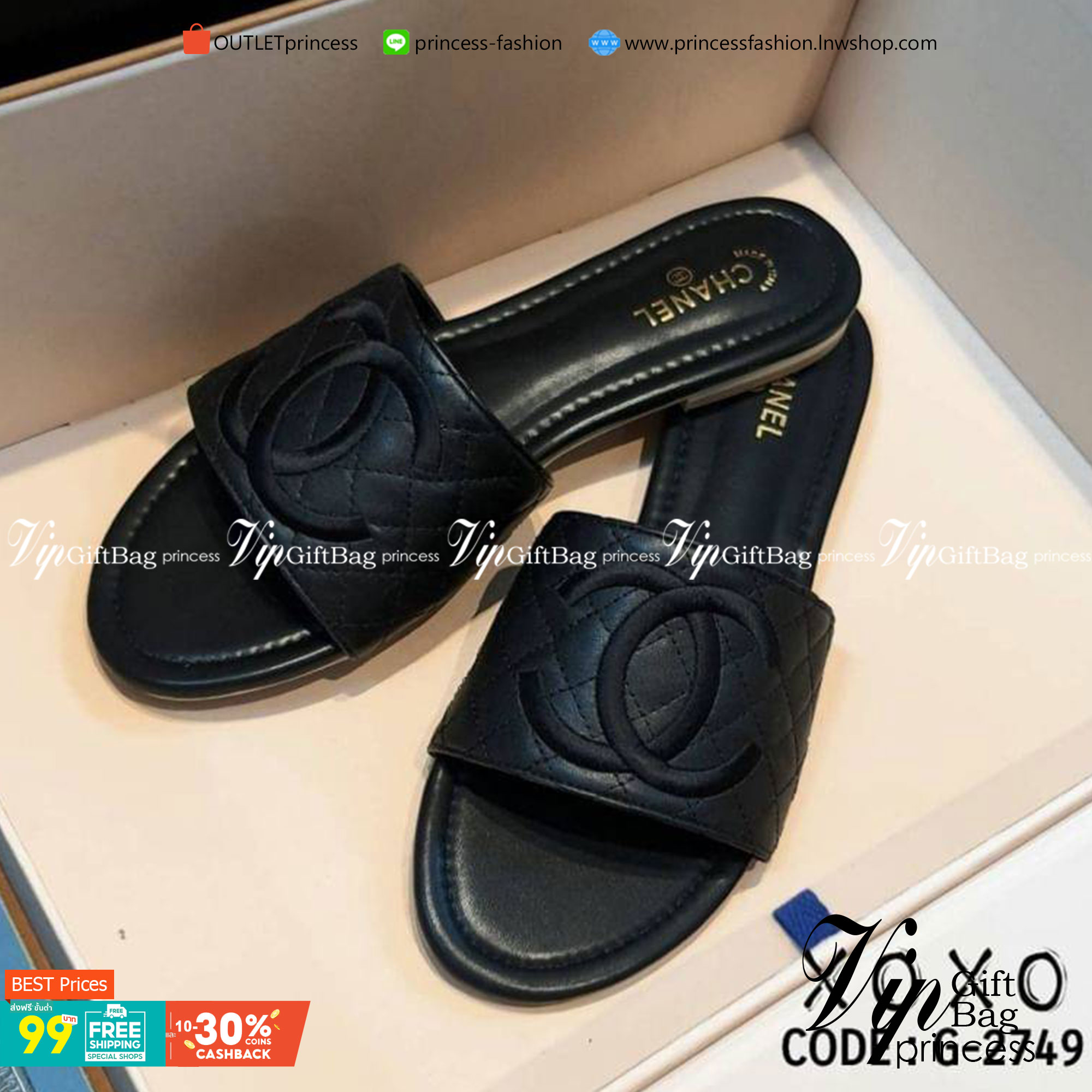 CHANEL SANDELS แตะงานแบรด์ ชิคๆ สวย หรู นุ่มมาก ใส่สบาย วัสดุหนัง PU เย็บตาราง ด้านหน้างานปักโลโก้ สวย เรียบร้อย แมทส์ชุดง่าย น้ำหนักเบา