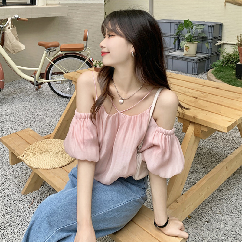 พร้อมส่ง 🩰🍅 Sophie rochas blouse เสื้อปาดไหล่ผูกคอสีชมพูอ่อน (IN37301)