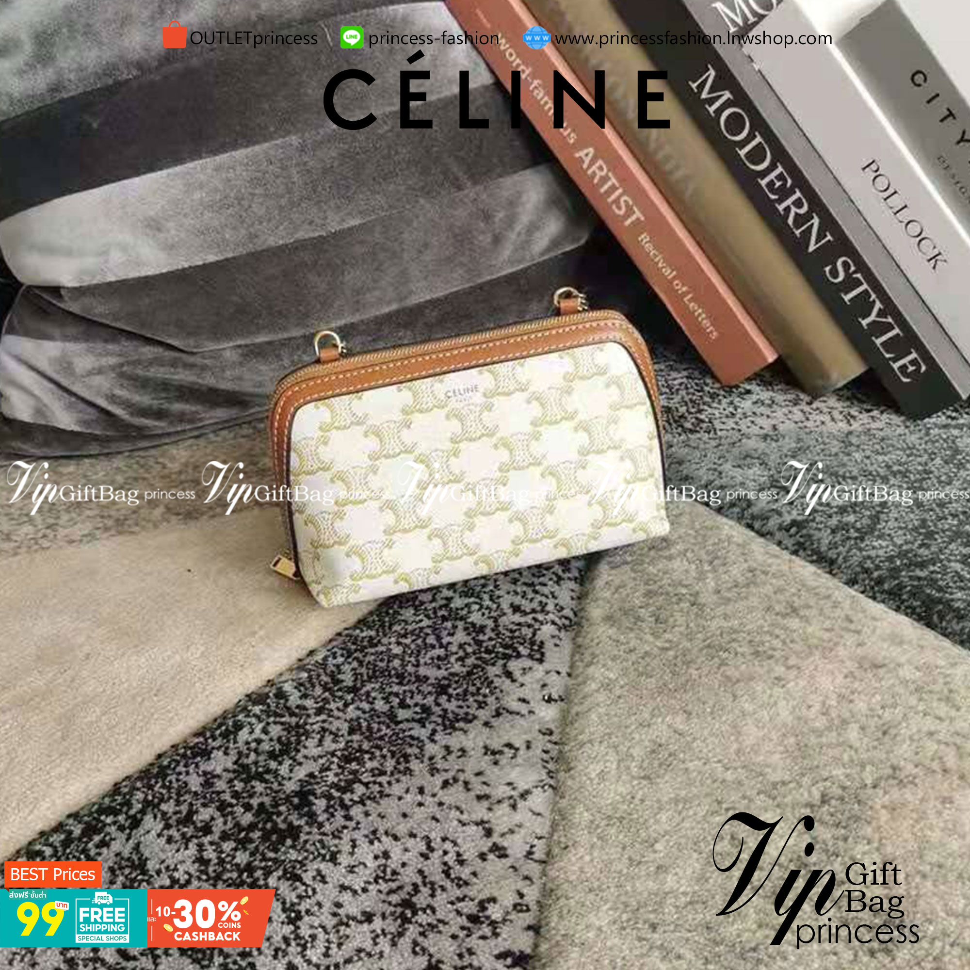 VIP 】หนังแท้ CELINE CLUTCH WITH CHAIN IN TRIOMPHE CANVAS AND LAMBSKIN WHITE/TAN กระเป๋าคลัทช์ดีไซน์เรียบหรูออกแบบมาได้อย่างลงตัว พร้อมสายสะพายโซ่ทองสุดหรู ด้วยรูปทรงที่สวยงามและทันสมัย สามารถใส่กระเป๋าสตางค์ใบสั้นหรือเครื่องสำอางค์ได้ตามขนาดกระเป๋า ในเรื่