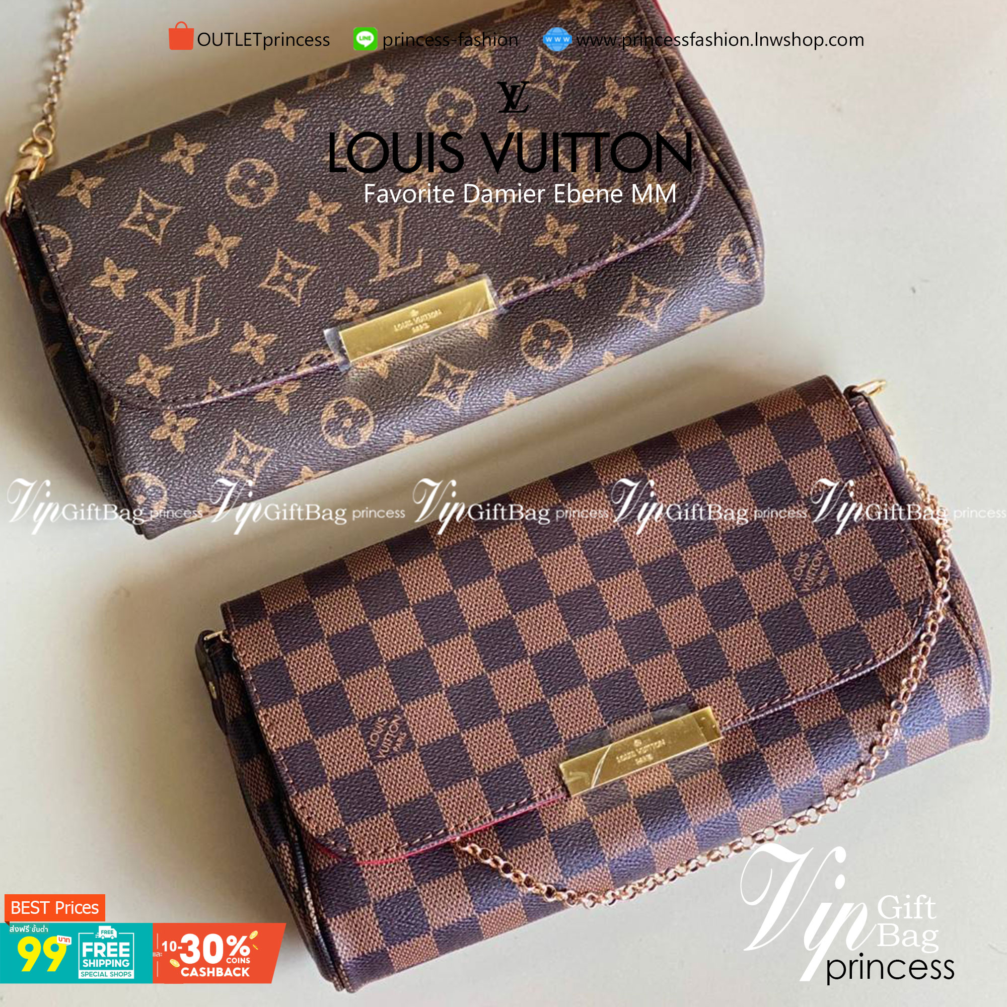 VIP 】หนังแท้ LOUIS VUITTON Favorite Monogram Damier Ebene MM