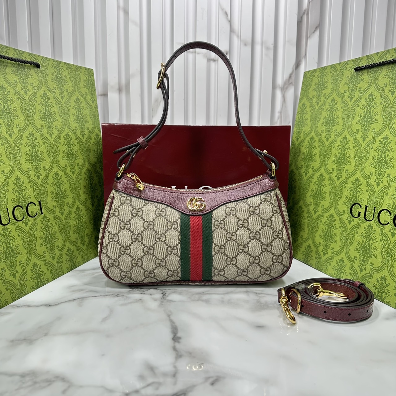 10" ORI หนังแท้ | Gucci Ophidia small shoulder bag GG Monogram Double G / Gucci Hobo Bag กระเป๋าสะพายทรงโฮโบขนาดเล็ก