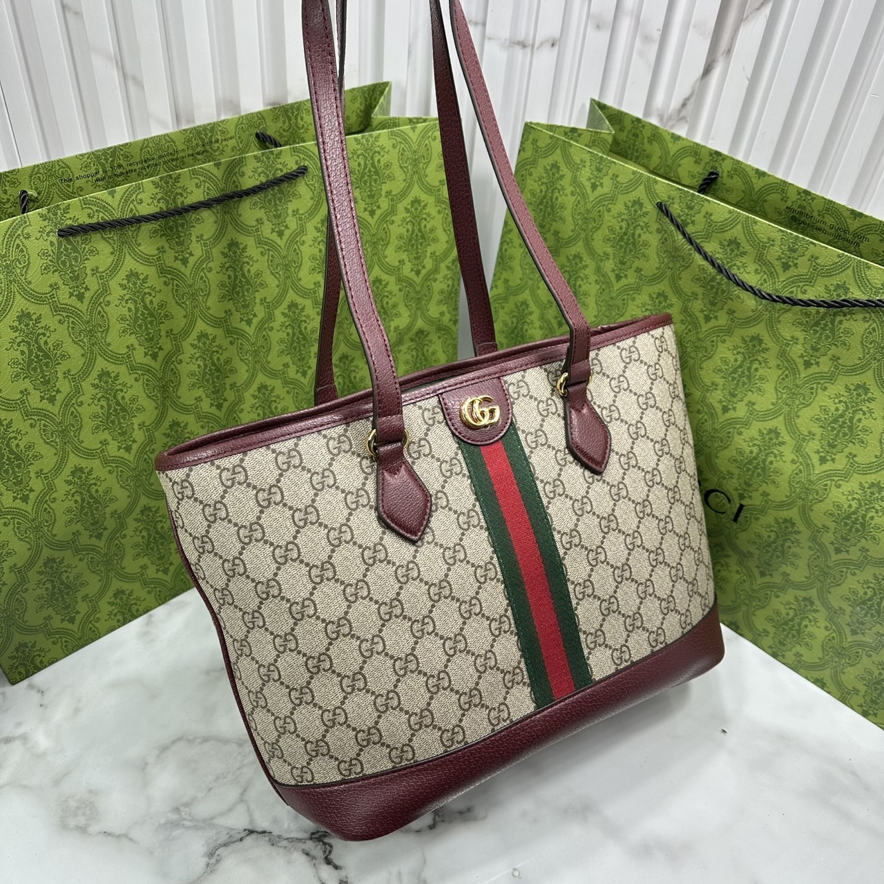 ORI หนังแท้ | Gucci Ophidia medium tote bag GG Monogram Double G / Gucci Tote Bag กระเป๋าสะพายทรงโท้ทใบใหญ่ ภายในโล่งกว้างจุของได้เยอะ