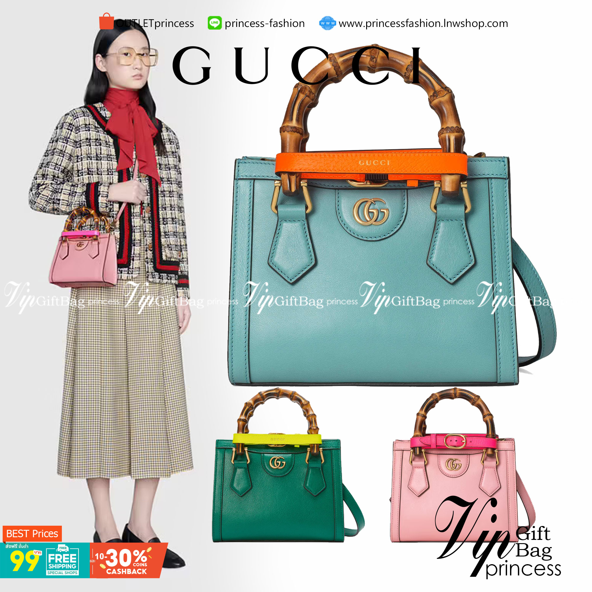 VIP GIFT 】หนังแท้ GUCCI Diana mini tote bag กระเป๋างานหูไม้ไผ่สุดคลาสสิก ดีไซน์มาใหม่พร้อมเข็ดขัดหนังสีสะท้อนแสงประดับตรงหูกระเป๋า ขนาดมินิกำลังน่ารักเลยค่ะ วัสดุหนังแท้ อะไหล่ทอง งานสวยตั้งอยู่ทรง มีสายสะพายยาว 1เส้น สามารถปรับระดับได้-ถอดได้ งานเก๋ไก๋ที