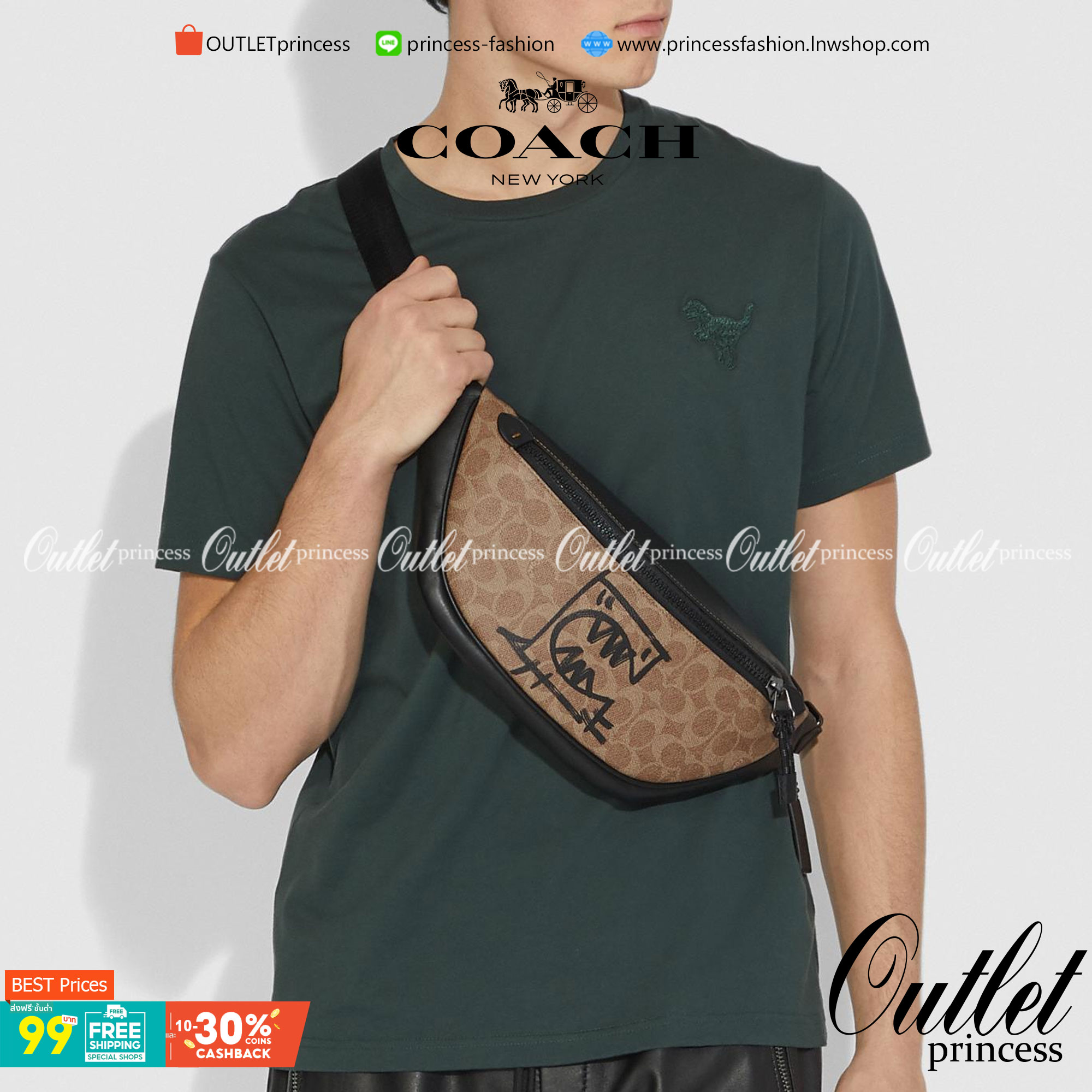 OUTTLET 】COACH Rivington Belt Bag In Signature Canvas With Rexy By Guang Yu (75761) กระเป๋าคาดอก หนังแท้เรียบ นิ่มสวย ด้านหน้าเด่นด้วยลายปริ้นท์เก๋เท่ มากๆค่ะ มีช่องซิปหลักให้2ช่องใส่ของได้จุเลยนะคะ สายคาดเลื่อนปรับแบบฟรีไซด์ค่ะ 📌ใบจริงสวย สะพายวั