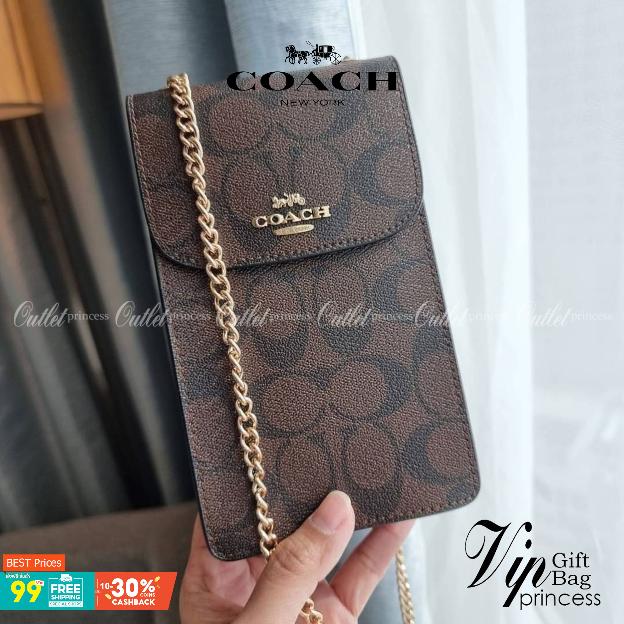 COACH NORTH/SOUTH PHONE CROSSBODY IN SIGNATURE CANVAS F55636 F39955 สุดคลาสสิคกับกระเป๋าสะพายเอนกประสงค์ Case phone ใส่โทรศัพท์มือถือได้ทุกรุ่น ดีไซน์ลายเอกลักษณ์ วัสดุหนังแคนวาสเคลือบลาย ฝาและภายในเป็นหนังสังเคราะห์เรียบ เปิด-ปิดด้วยกระดุม สายสะพายยาวประ