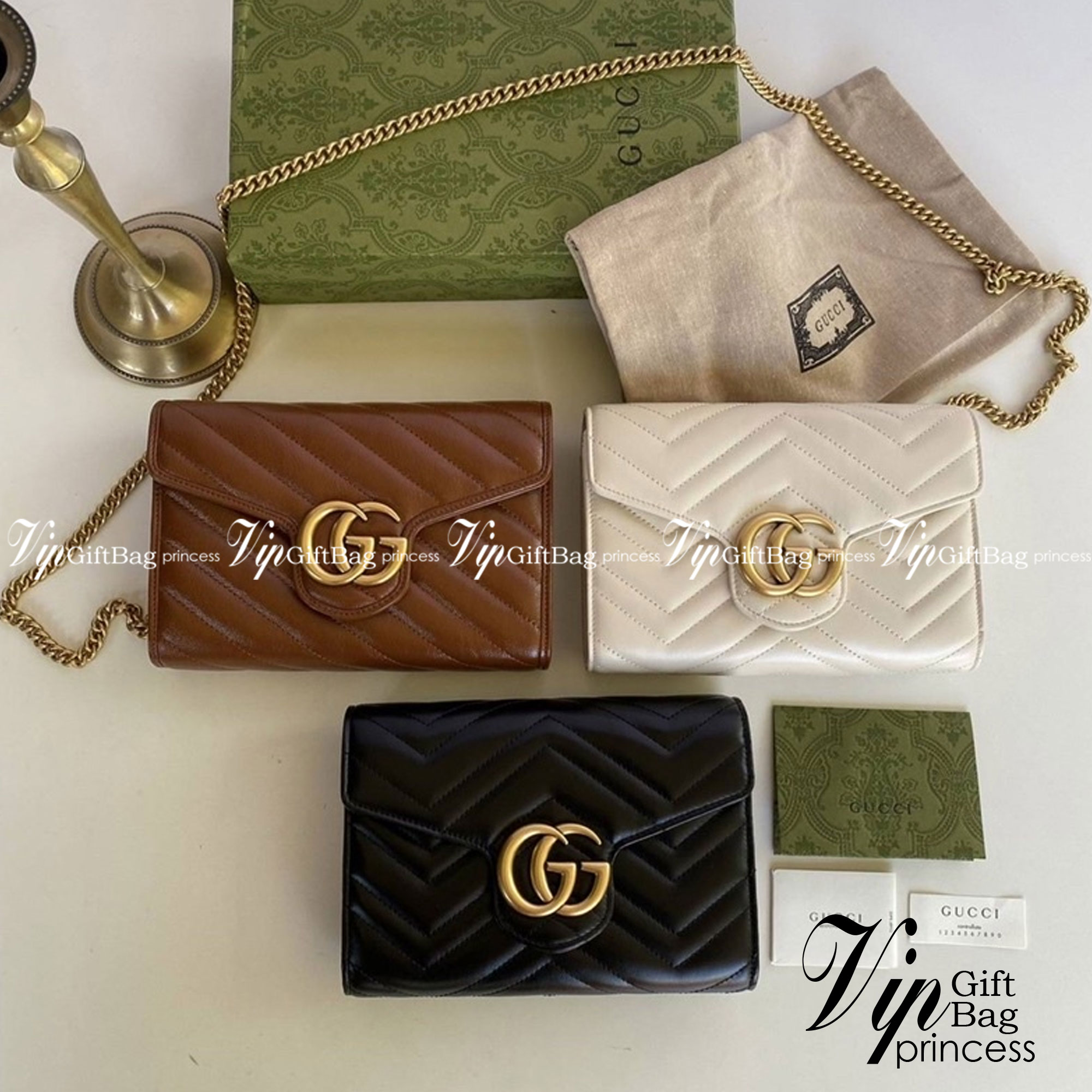 GUCCI Marmont Wallet on chain Leather / GG Marmont Chain Wallet เกรดเทพออริจินอล หนังแท้ งานสวยน่ารักมาก ใส่โทรศัพท์ได้ทุกรุ่น หนังวัวแท้นิ่มมาก ใส่การ์ด ใส่บัตร ได้เยอะมากๆ ฝ่าปิดแบบกระดุมใช้งานง่าย *กระดุมมีโลโก้ Gucci * งานสวยละเอียดยิบย่อยทุกจุด ภาพถ่