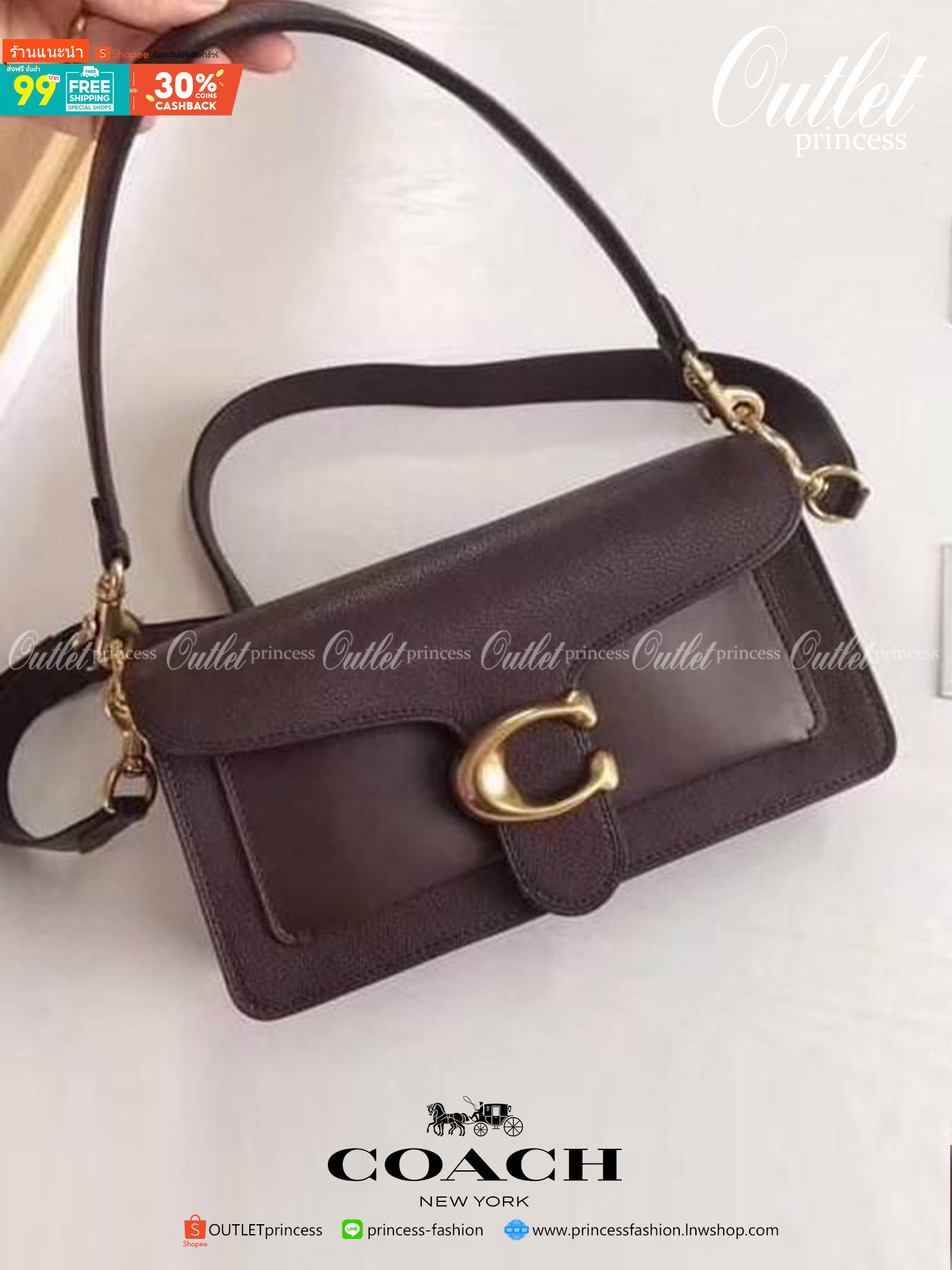 ของแท้ 💯% COACH Coach tabby convenience shoulder bag crossbody Product Details Polished pebble leather Inside zip BROWN