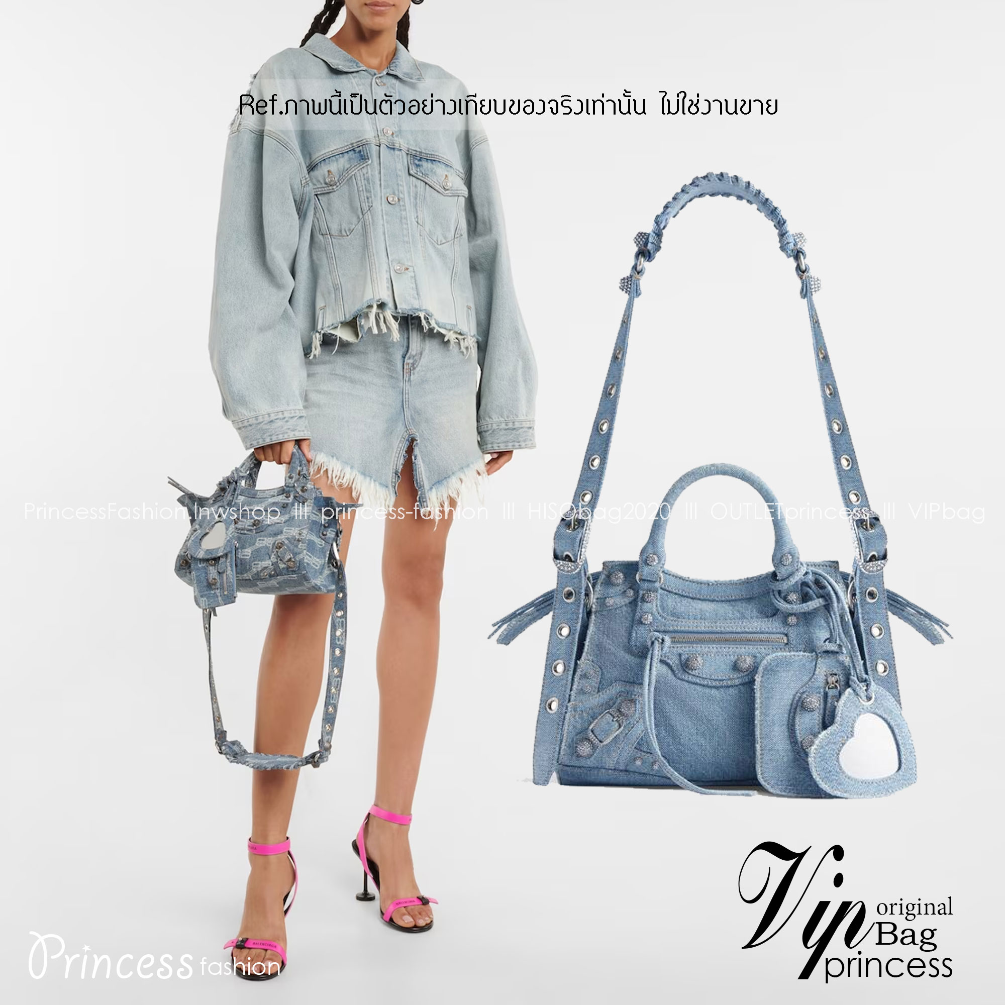Balenciaga NEO CAGOLE XS HANDBAG DENIM IN BLUE aged-silver hardware with rhinestones กระเป๋าสะพายเดนิม สวยเท่ ประดับหมุดเพชร เกรดออริ 1:1 สลับแท้ ใช้งานต่างประเทศได้