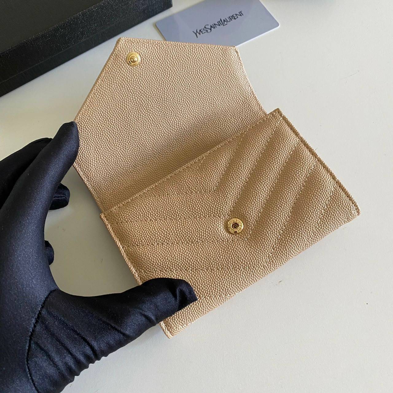 หนังแท้ 12cm YSL SAINT LAURENT GARD HOLDER Small Envelope Monogram Wallet