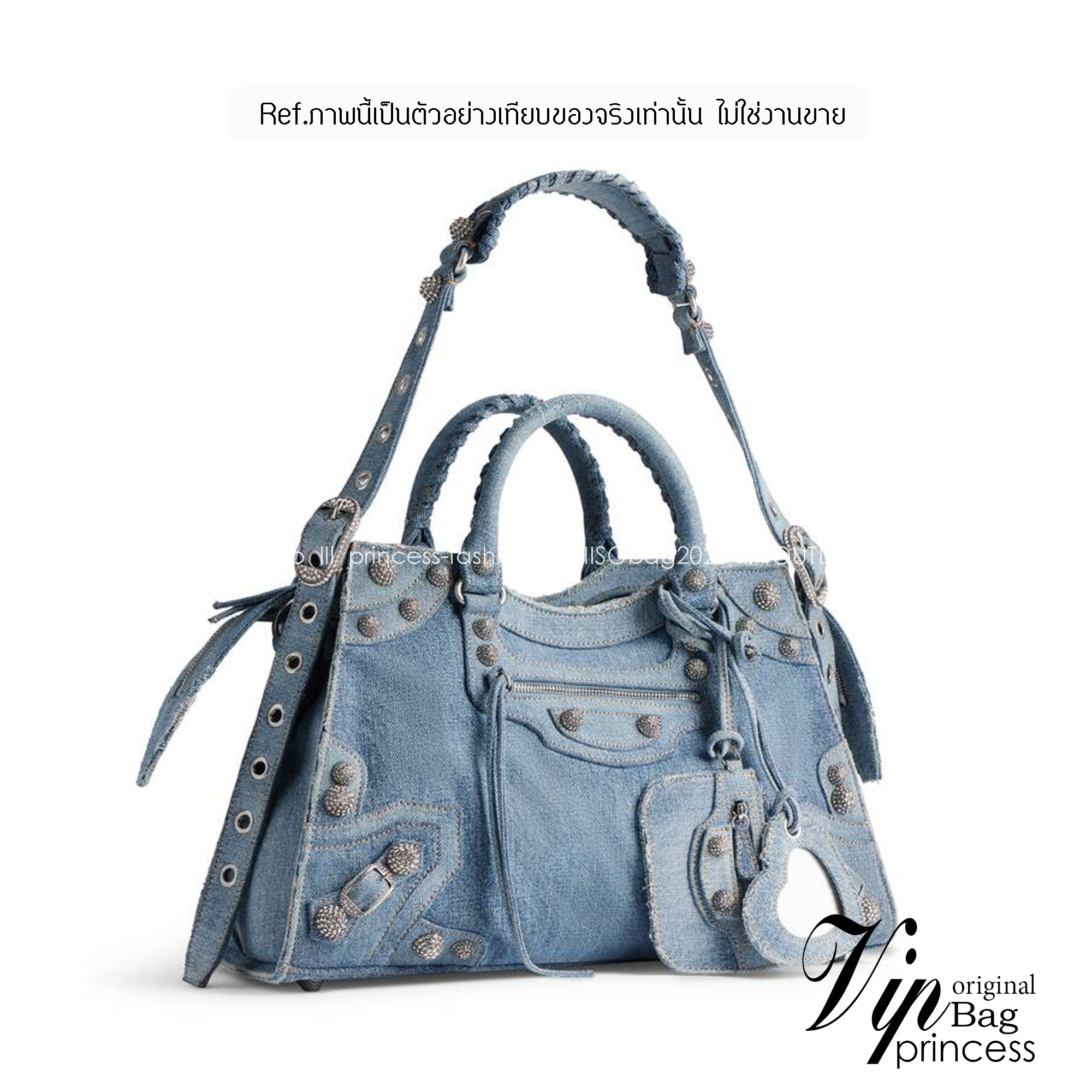 Balenciaga NEO CAGOLE XS HANDBAG DENIM IN BLUE aged-silver hardware with rhinestones กระเป๋าสะพายเดนิม สวยเท่ ประดับหมุดเพชร เกรดออริ 1:1 สลับแท้ ใช้งานต่างประเทศได้