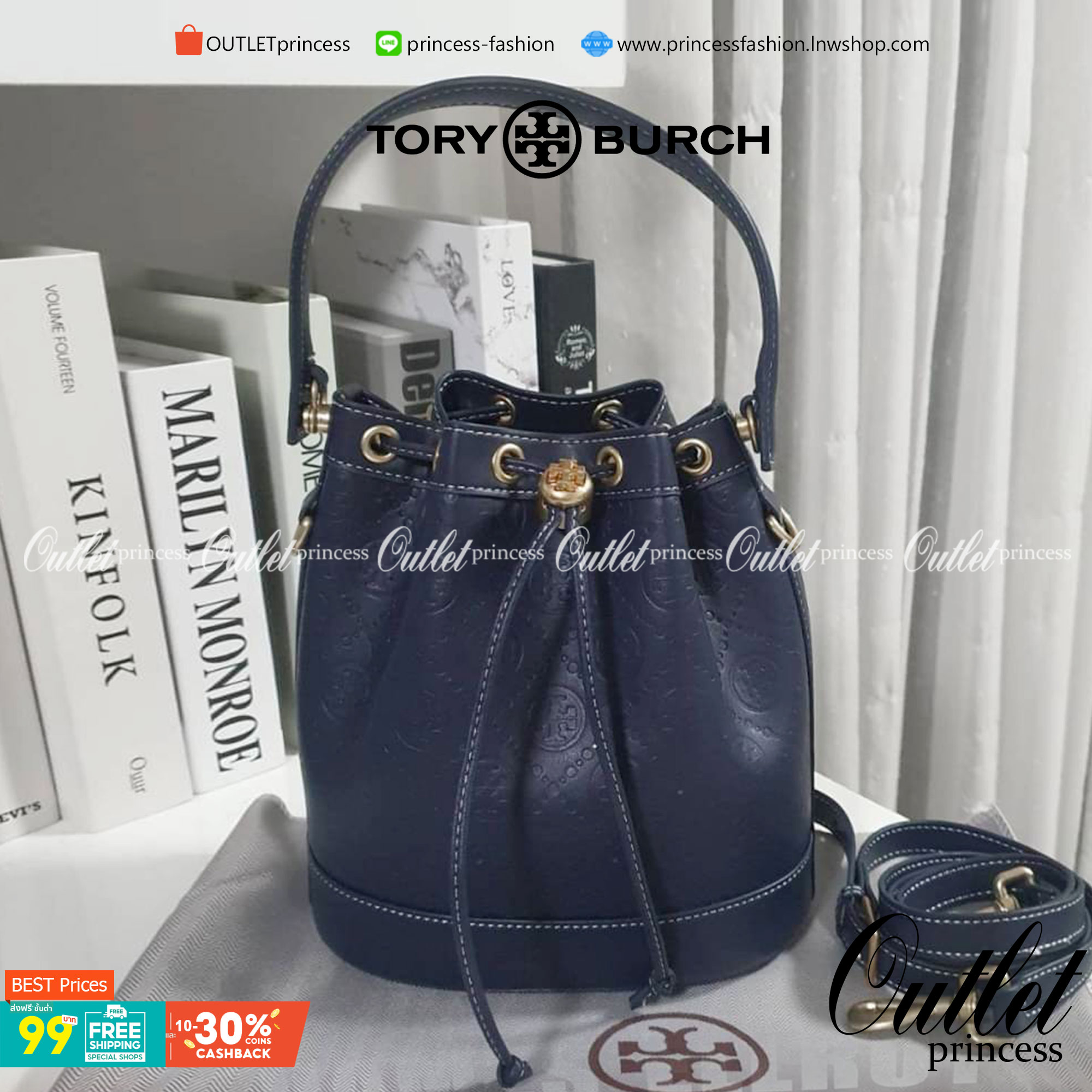 OUTLET 】BEST PRICE!! ปรับราคาพิเศษ เหมาะกับให้เป็นของขวัญที่สุด! งานช็อป 💕 Tory burch monogram leather bucket bag ดีไซน์สวยงามตามแบบฉบับของแบรนด์แล้ว **ที่ทำจากวัสดุหนังแท้ ตัวกระเป๋าอยู่ทรงสวยมีลายแบรนด์สวยหรู ใช้รูดเปิดปิด ภายในบุผ้าอย่างดี มีช่