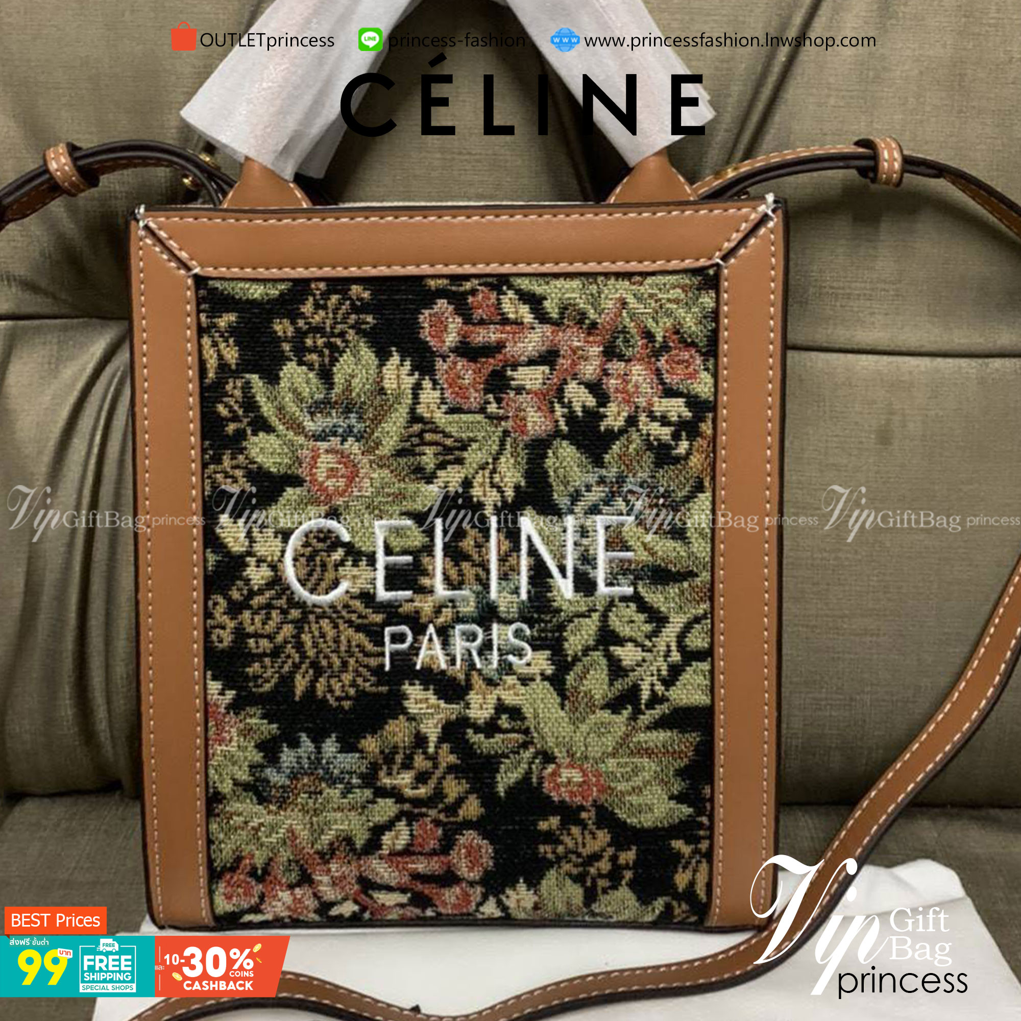 CELINE MINI HAND CARRY AND CROSSBODY BAG VIP GIFT WITH PURCHASE (GWP) พรีเมี่ยมกิ๊ฟ Limited จาก CELINE HAUTE PARFUME DUTYFREE COUNTER วัสดุ COATED CANVAS งานทรงเหลี่ยมสวยหรูสุดคลาสสิคในสไตล์สาว Lisa หนังสวยอยู่ทรงกันน้ำ มีโลโก้แบรนด์ด้านหน้า ภายในโล่งกว้า