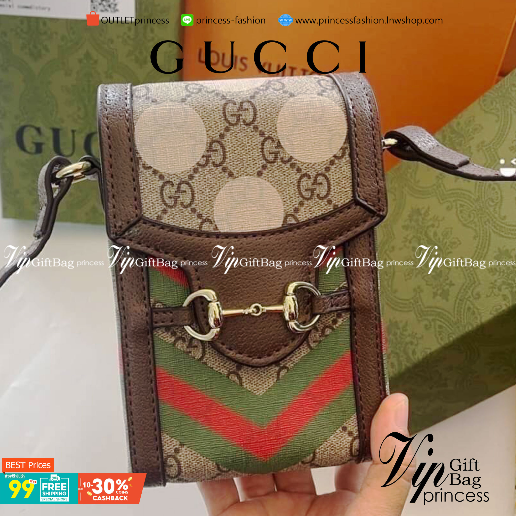 VIP 】GG CANVAS AND LEATHER CROSS-BODY PHONE BAG พร้อมส่งที่ไทย Brown canvas Brown Ophidia GG Supreme mini bag from GUCCI featuring an adjustable shoulder strap, a foldover top, a GG Supreme pattern, a Web stripe to the front and a gold-tone Double G plaqu