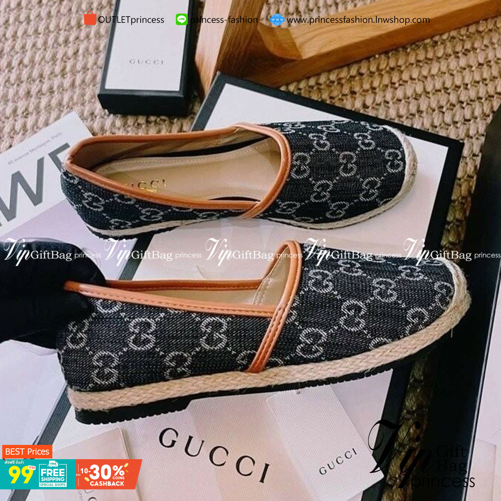 GUCCI คัชชู หน้ากว้าง ใส่สบาย วัสดุยีนส์ลายแบรนด์ นุ่มใส่สบาย แต่งปอฟางรอบ สวยเก๋ แมทส์ชุดง่าย น้ำหนักเบา