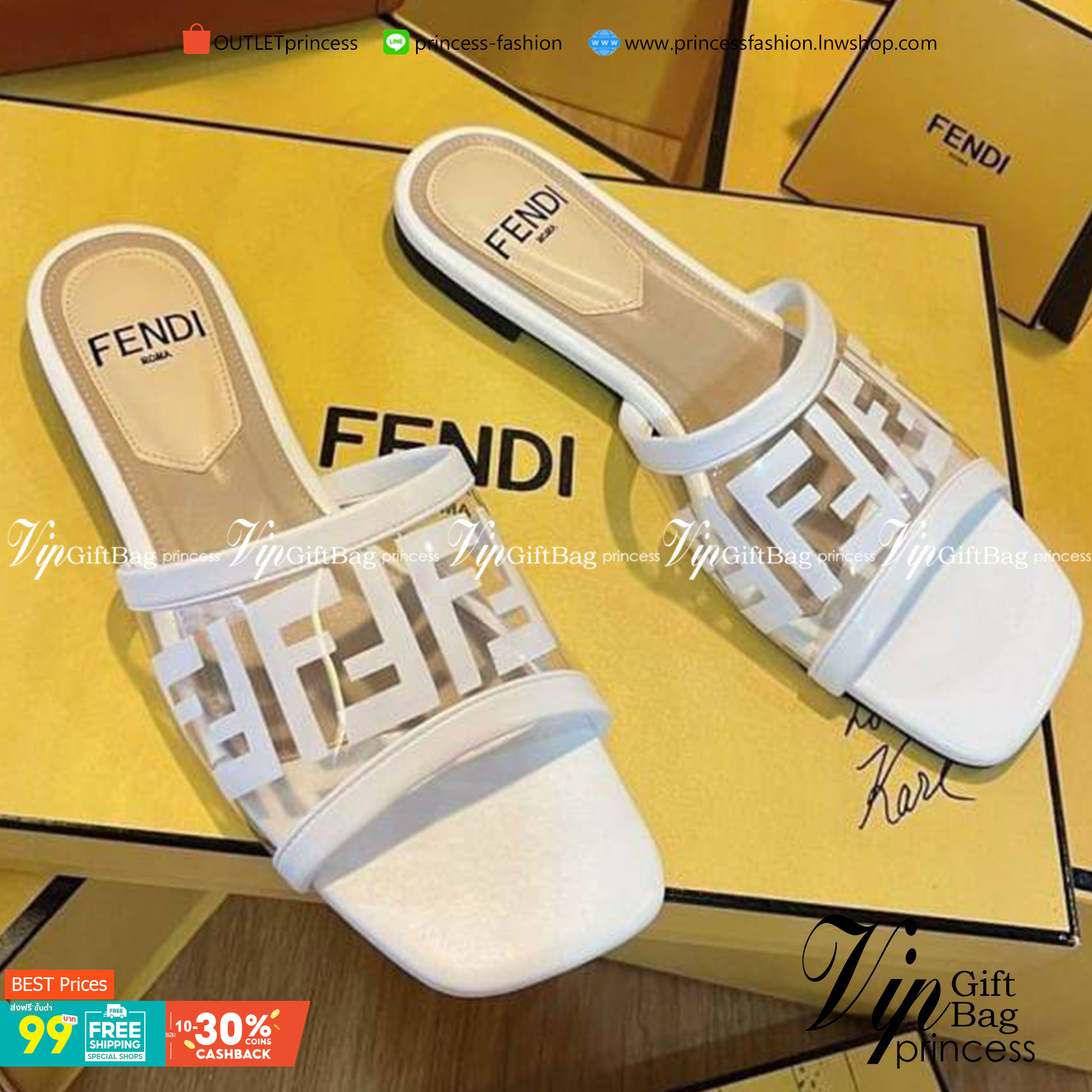 FENDI SANDALS แตะ ชนช้อป สวย แปะมาก แมทส์ชุดง่าย วัสดุด้านบนคาดพลาสติก สกีนแบรนด์