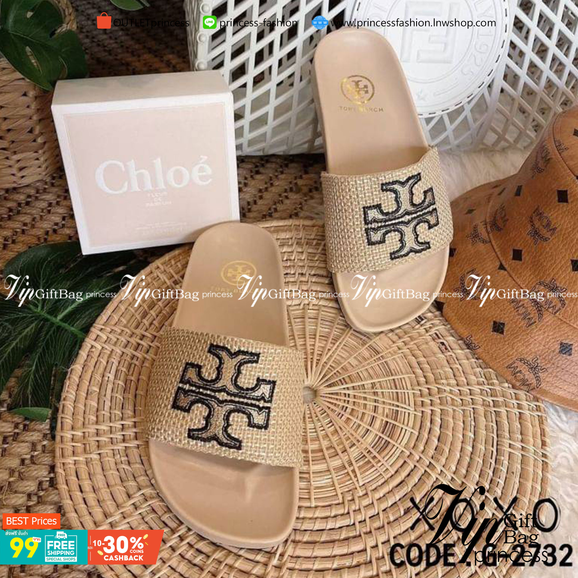 Tory Burch Sandels งานสวม ใส่สบาย พื้นยางนุ่ม วัสดุผ้ากระสอบ ปักลายโลโก้แบรนด์ สวยมาก งานเรียบร้อย