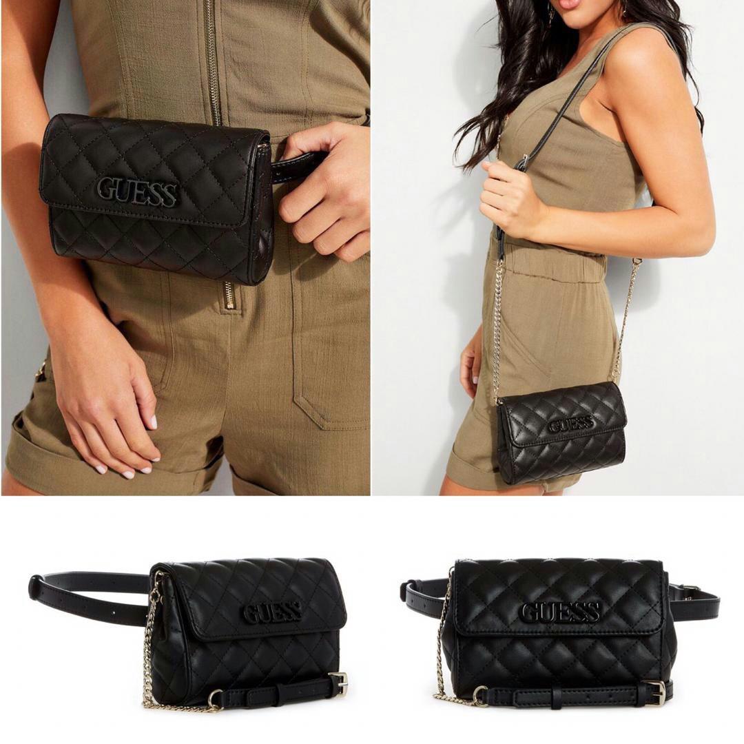 Guess elliana Crossbody Belt Bag รุ่นนี้ได้ทั้งสะพายยาวและคาดเอวค่ะ ด้านหน้าติดโลโก้แบรนด์สีตามหนังกระเป๋า หนังเป็นลายตาราง เปิดปิดด้วยกระดุมแม่เหล็ก ด้านในบุผ้าลายโลโก้แบรนด์ ด้านหลังมีที่สอดสายสำหรับคล้องเอว รุ่นนี้มีสายยาวให้ทั้ง 2 เส้นสำหรับต่างโอกาสค
