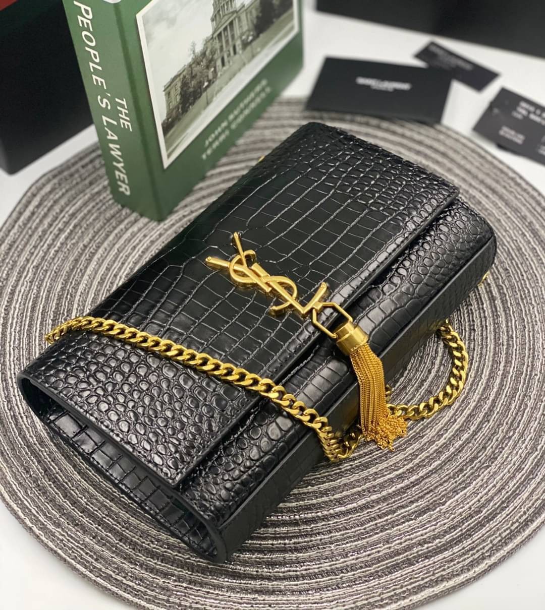 VIP 】หนังแท้ YSL Saint Laurent Kate Tassel Bag in Black Crocodile-Embossed Leather with Gold Hardware