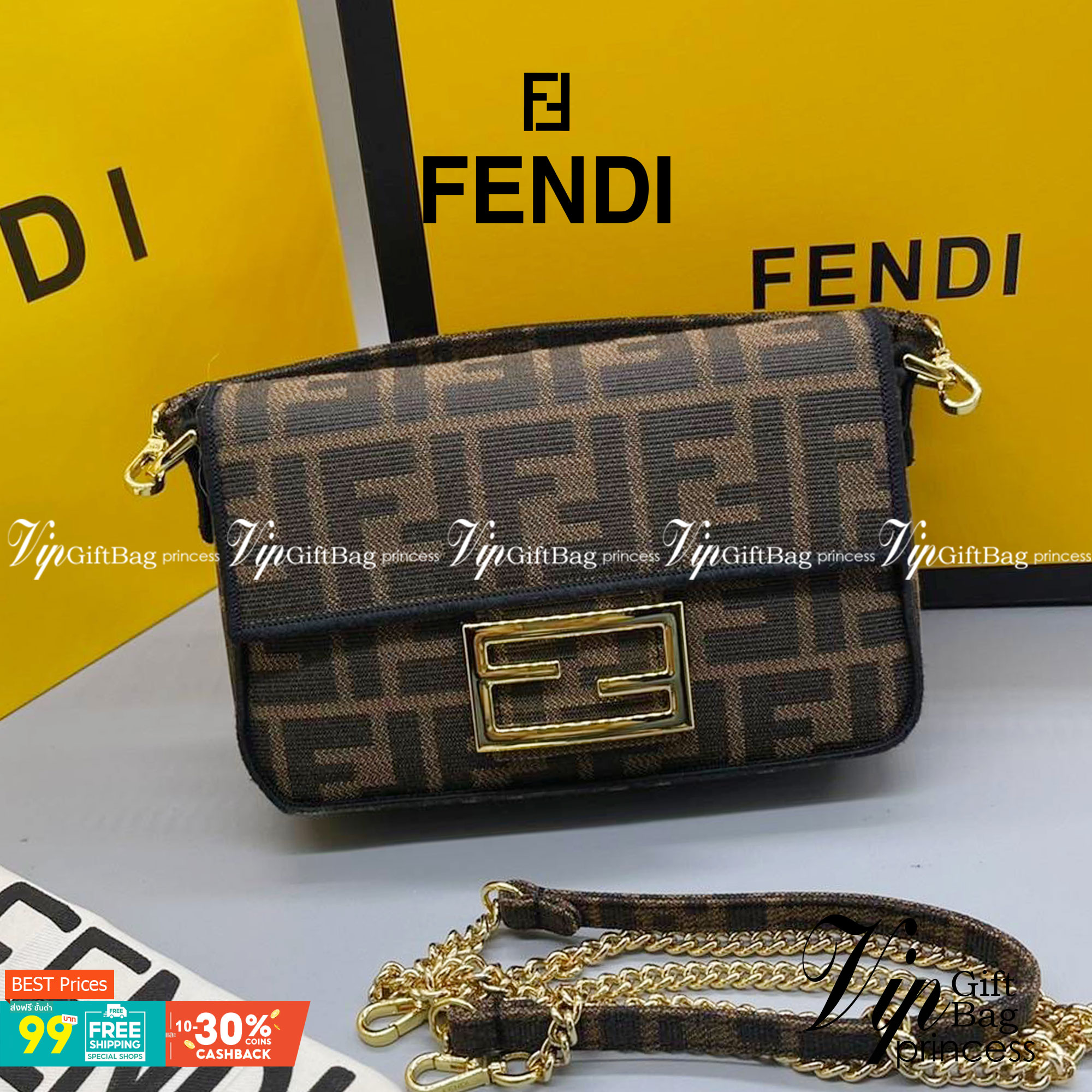 MINI || FENDI VINTAGE BAGUETTE SHOULDER BAG 2size ORI Grade ใช้งานต่างประเทศได้ กระเป๋าสะพายทอลายโมโนแกรม อะไหล่ทองหรูหรา มี 2 ขนาด ทนทาน มาพร้อมสาย 2 แบบ สำหรับคล้องแขน และสายครอสบอดี้ เปิด-ปิดด้วยกระดุมแม่เหล็ก ภายในเป็นช่องโล่ง ใส่โทรศัพท์ พร้อมเสิร์ฟค